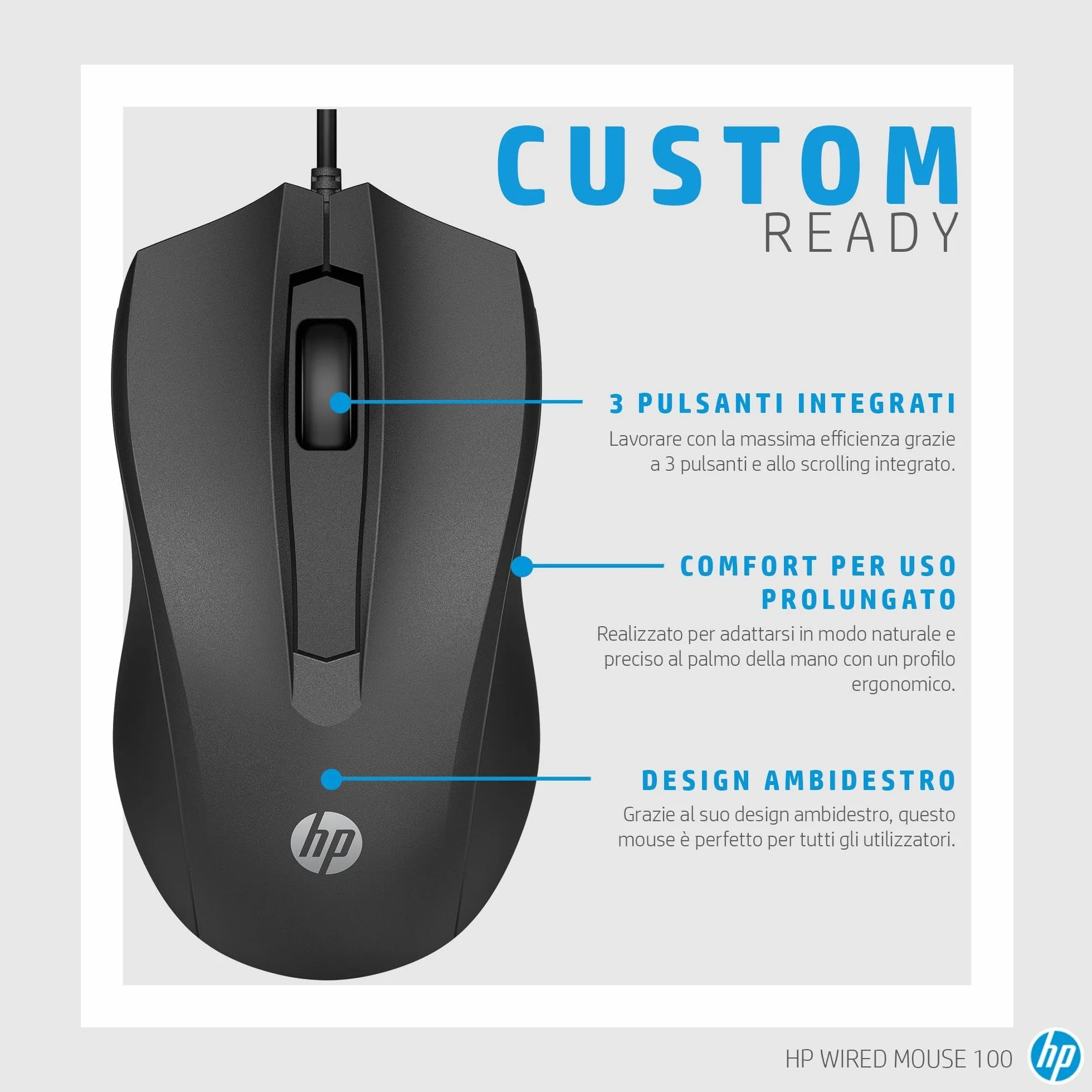 HP 100 Mouse Cablato, 1600 DPI, 3 Pulsanti, Cavo USB-A 1.5m, Ergonomico, Ambidestro, Nero