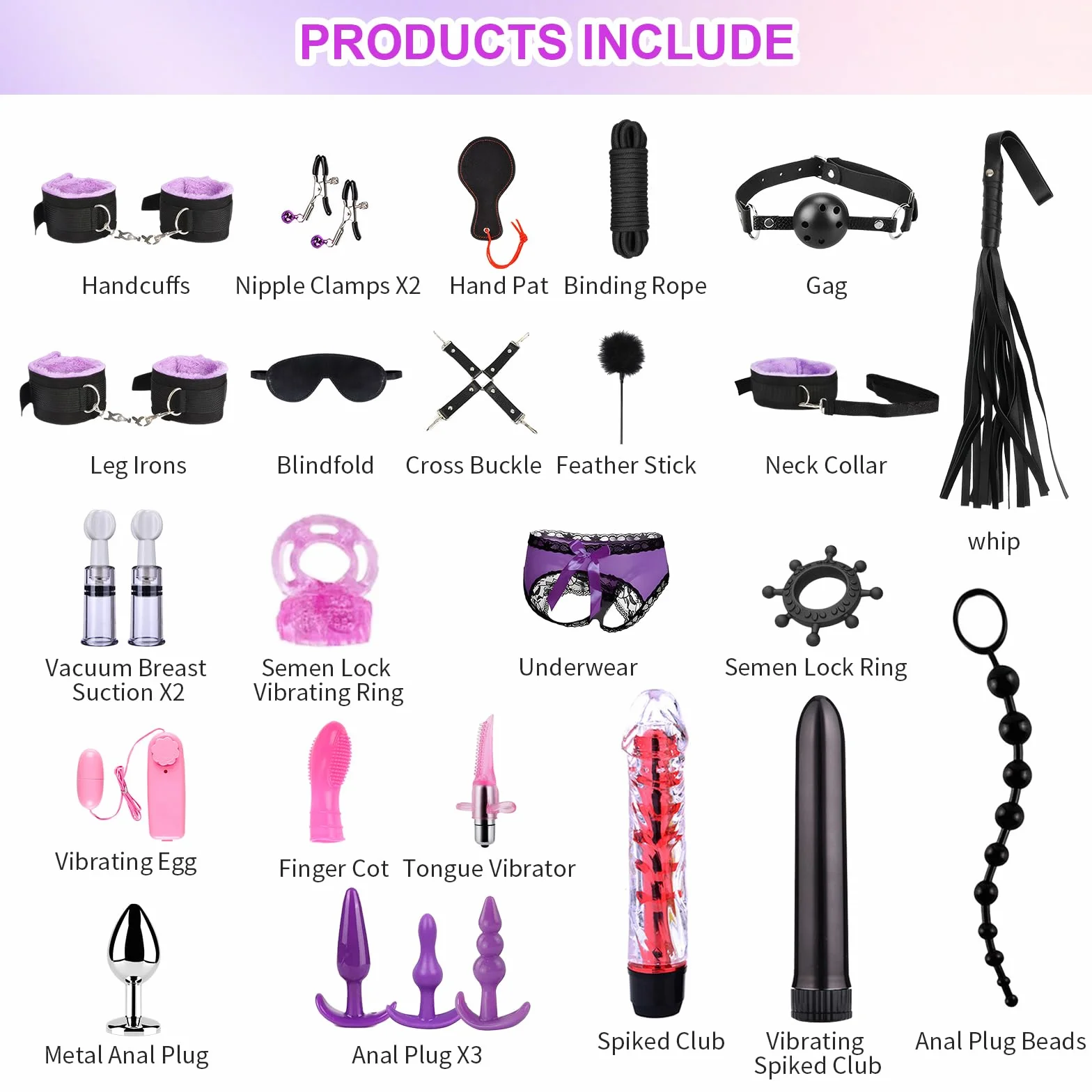 Coppia Boňdage Set 26 Pezzi Giocattoli Sessuali con Manette Regolabili Cavigliere Frusta Maschera Occhi Bacchetta Piume Vibratore Viola