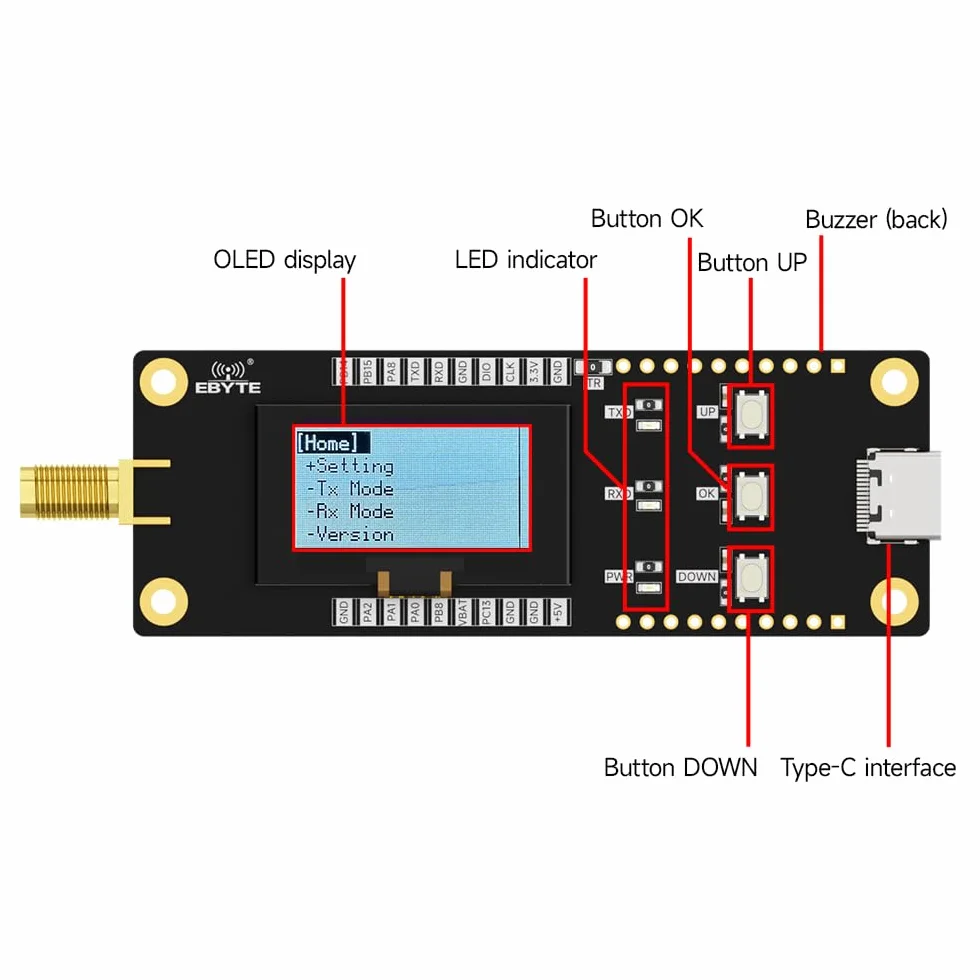 433/868/915M 22/30dbm Lora Wireless Offline Development Test Board E22-SC Button Control OLED RF Transceiver UART (433M SPI 30dbm)