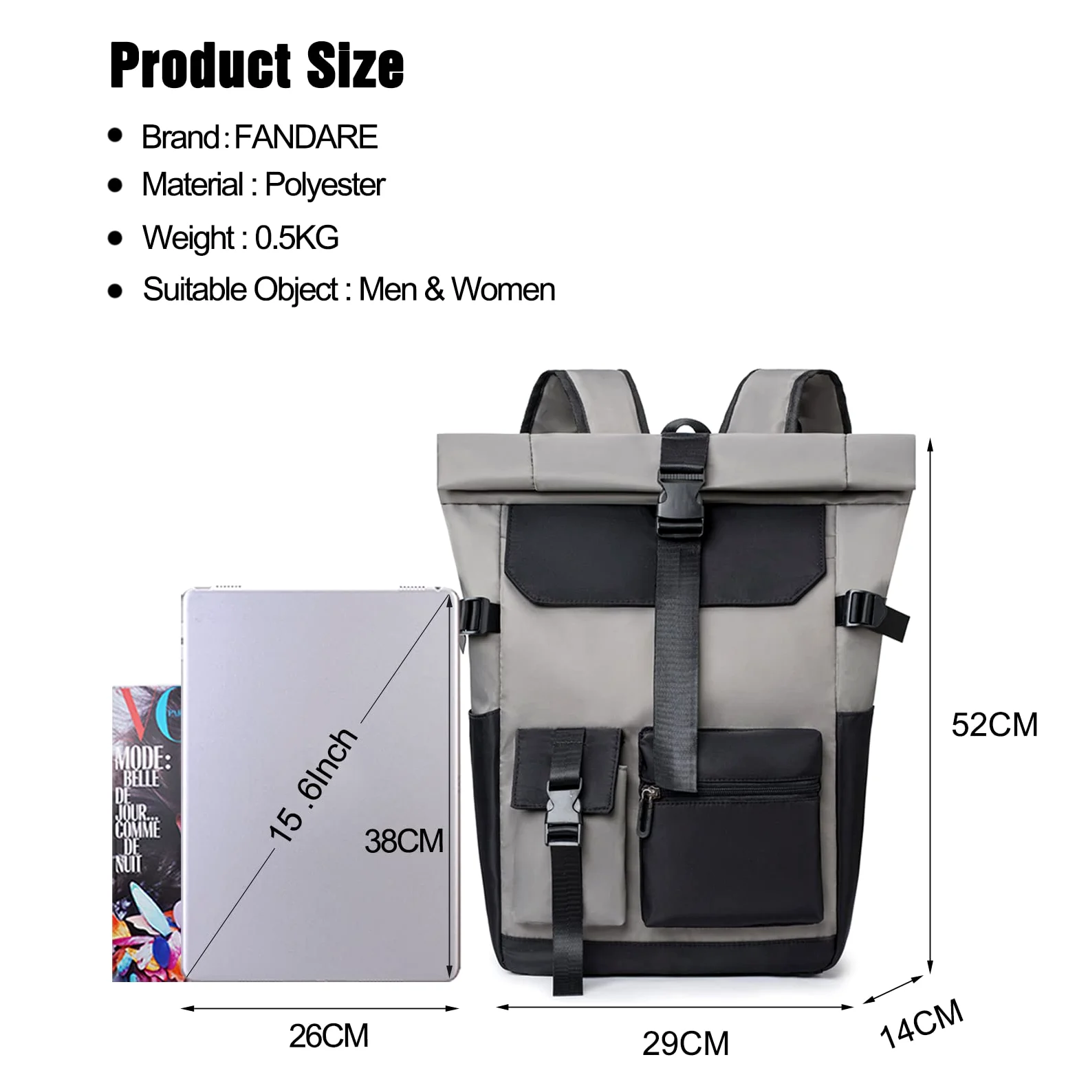 FANDARE Retrò Zaino Rolltop Ultraleggero Porta PC 15.6 Pollici, Zainetto per Scuola Università Viaggio Lavoro, da Uomo Donna - Grigio Scuro