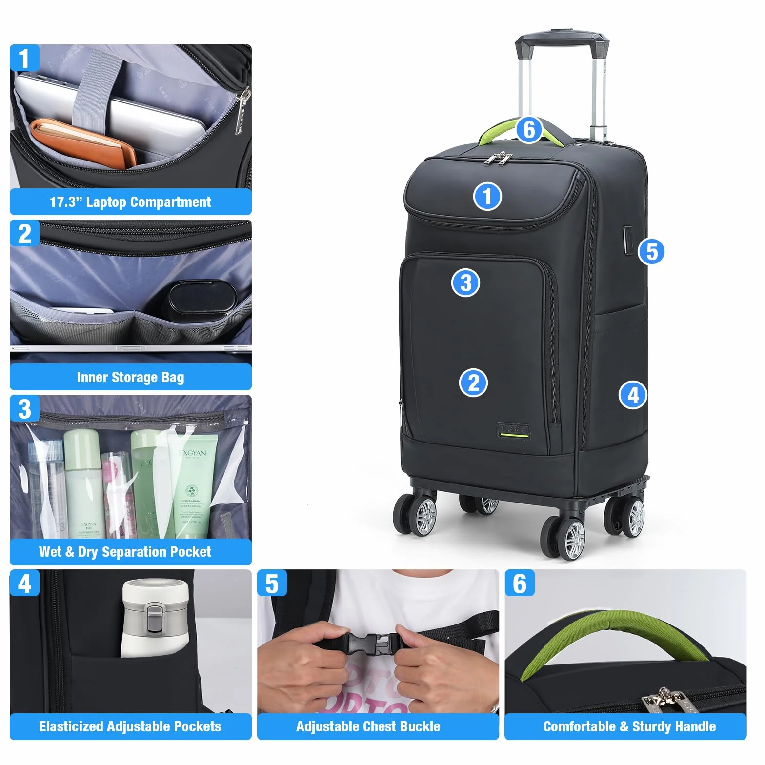 Borsa per Laptop 17.3 Pollici con Ruote Sganciabile, Trolley da Viaggio Impermeabile Nero