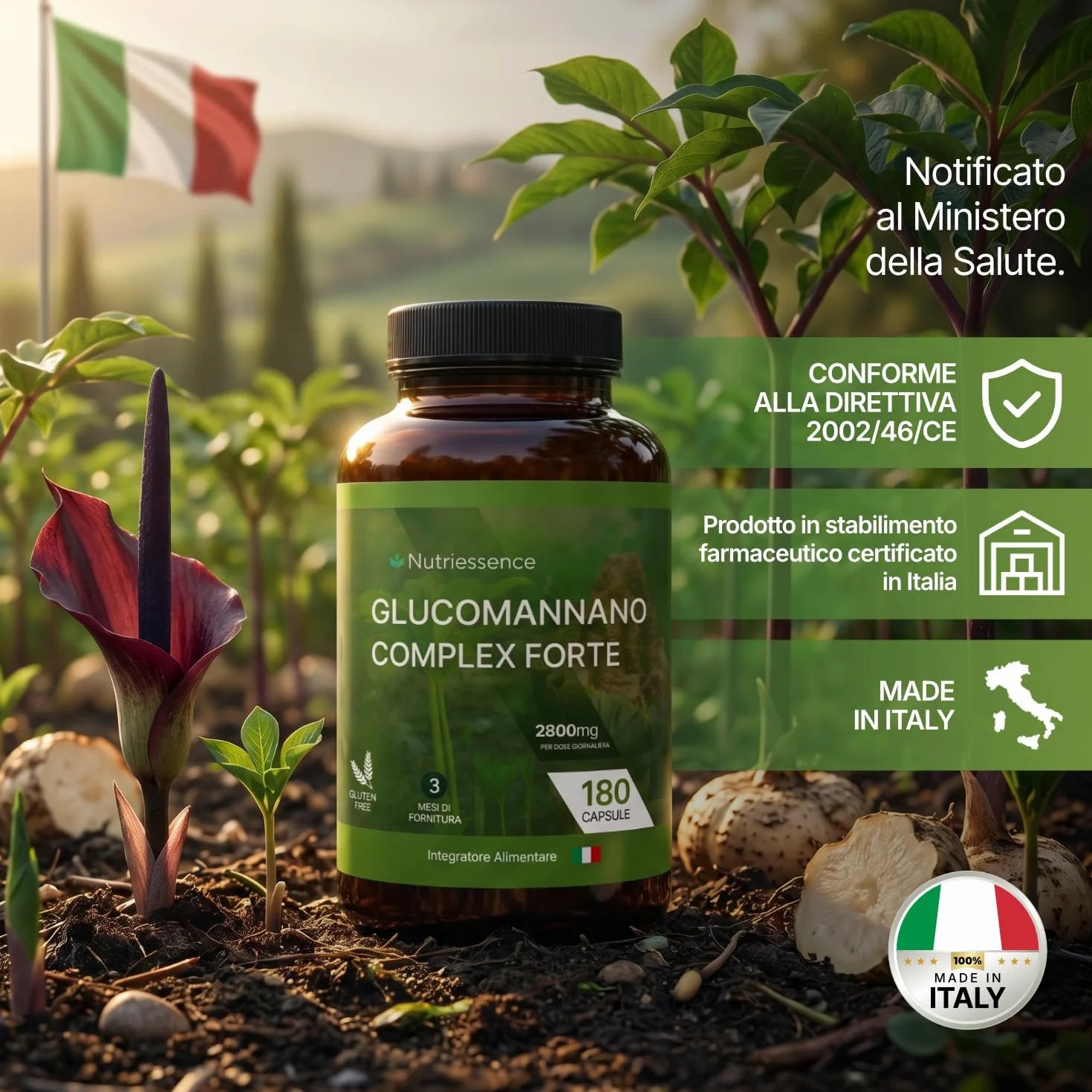 Nutriessence Glucomannano Complex 2800 mg 180 Capsule Vegetali Alto Contenuto di Cromo Niacina Inulina FOS Senza Glutine Senza Lattosio Made in Italy