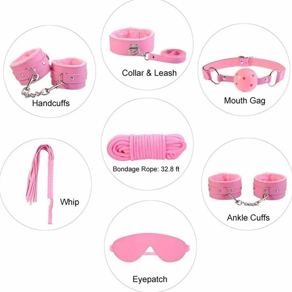 Kit 7 pezzi in pelle rosa per polso e caviglia per camera da letto