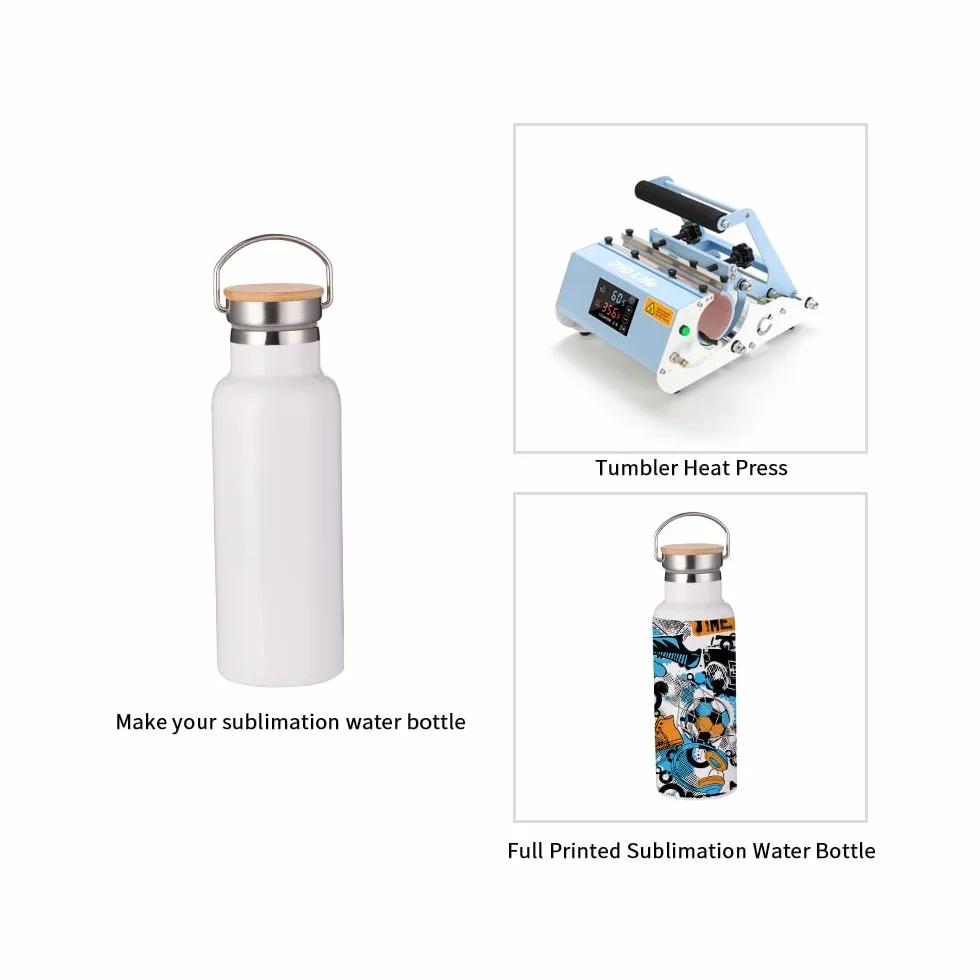 PYD Life Bottiglia di acqua a sublimazione bianca 481,9 g bottiglia sportiva in acciaio inossidabile con coperchio in bambù per bicchiere stampa a sublimazione stampa confezione da 4