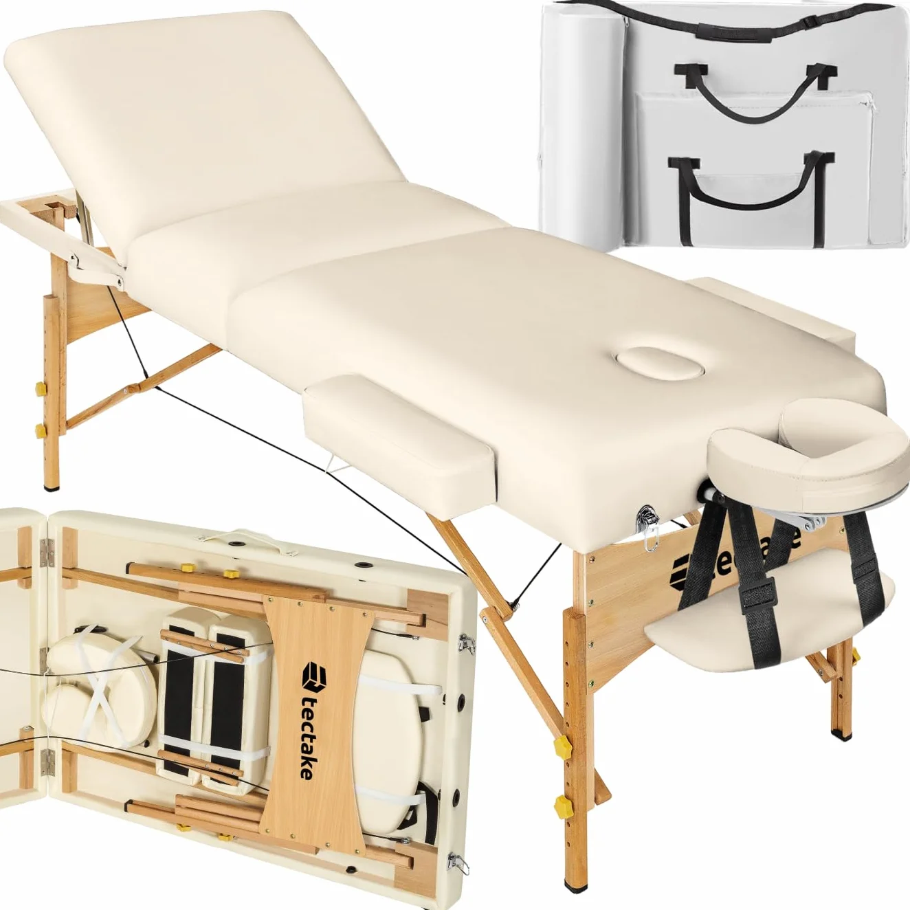 tectake Lettino da Massaggio Somwang Pieghevole Altezza Regolabile 250 kg Beige