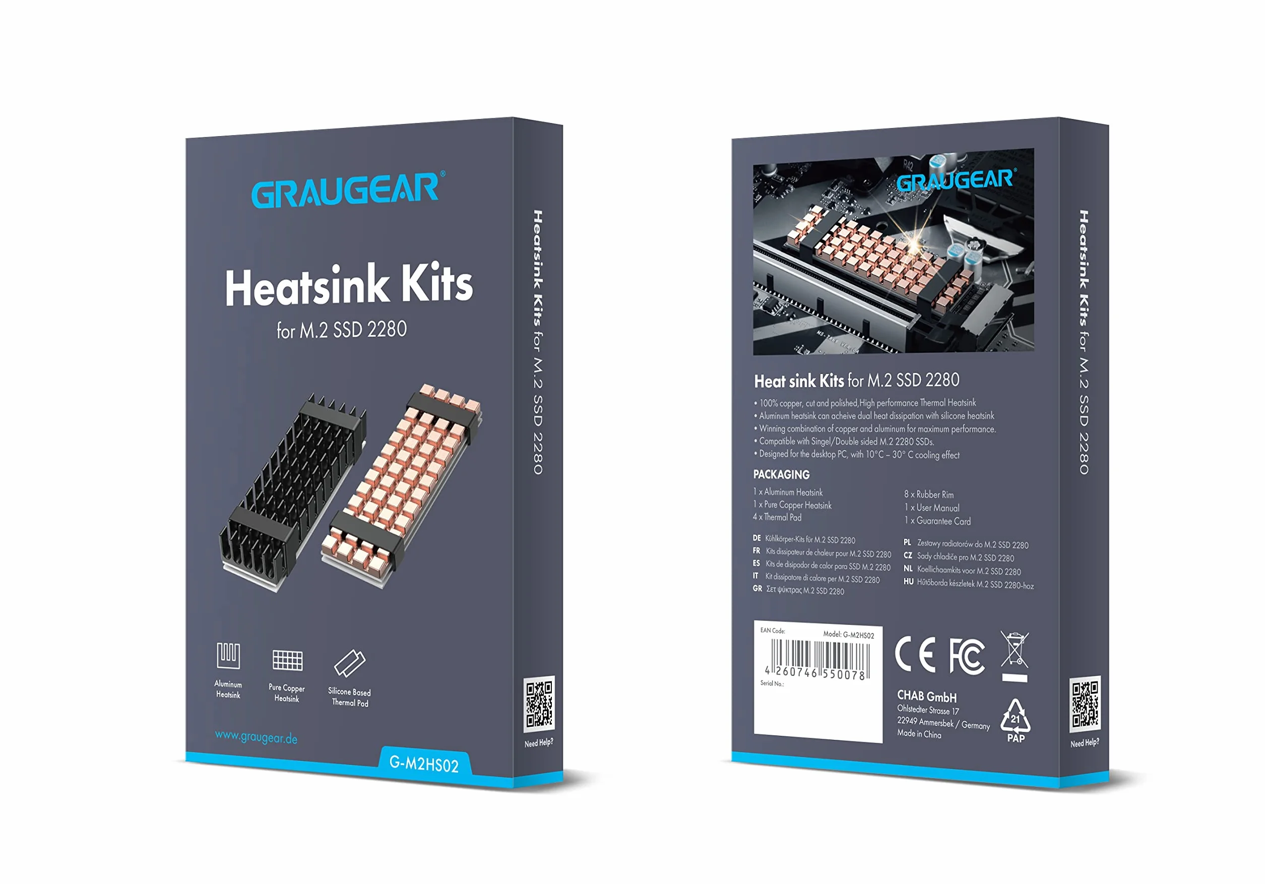 GRAUGEAR | 2x set di dissipatori di calore per M.2 NVMe SSD (2280) | passivo | 1x adatto (3mm, rame) per PlayStation®5 | 4x heatpads | alluminio | rame | G-M2HS02