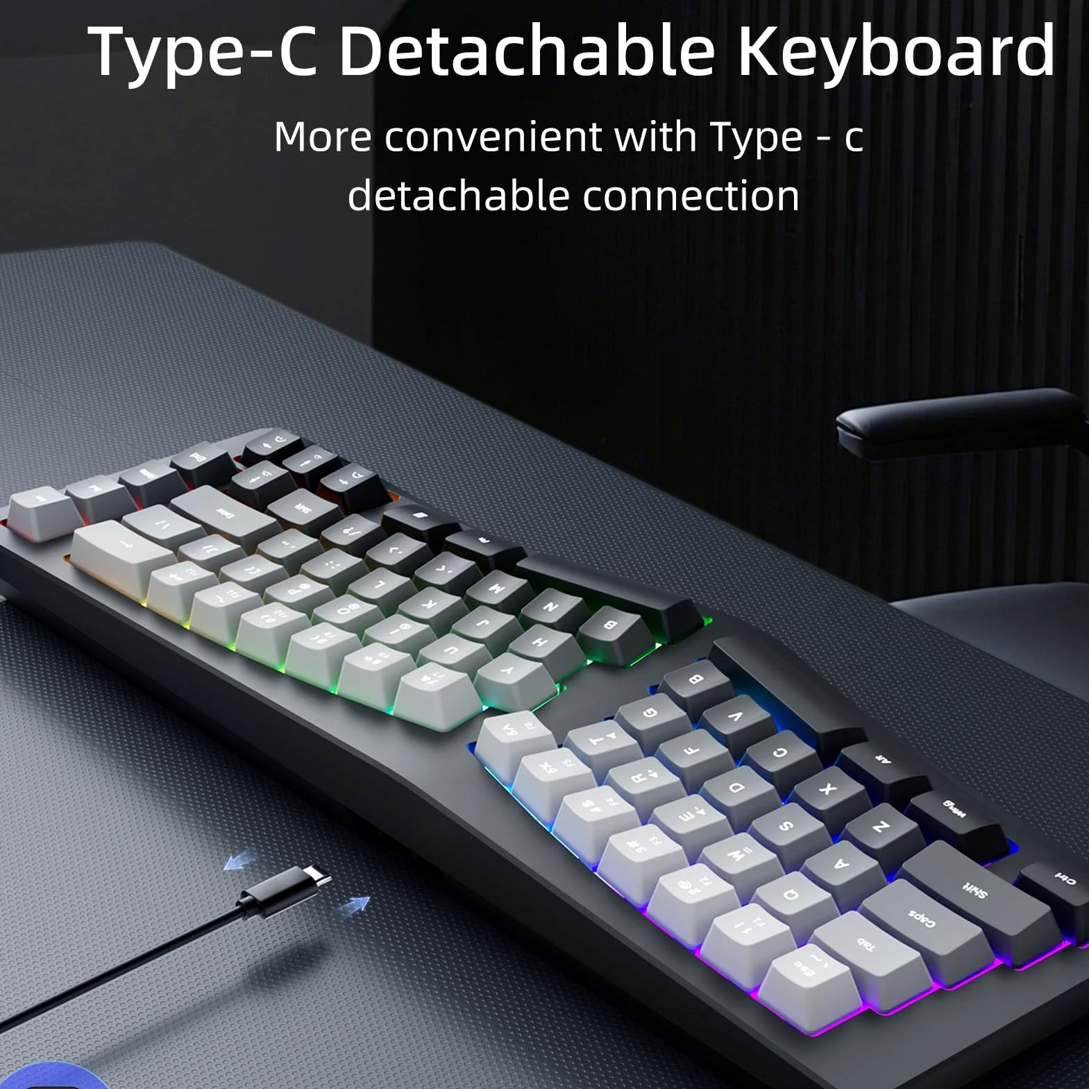 Cuifati Tastiera Ergonomica con Retro RGB, Tastiera da Gioco Cablata USB a 7 Colori, Tastiera da Gioco Meccanica a 69 Tasti per PC, Wins, OS X, Angolo di 166° a Forma di V