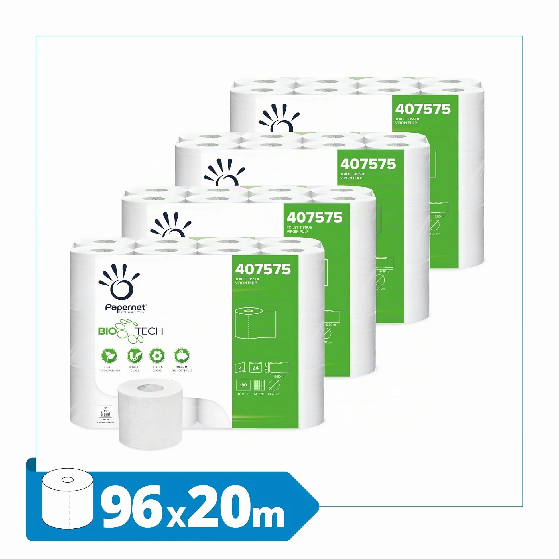 Papernet Bio Tech Carta Igienica 96 Rotoli 2 Veli Pura Cellulosa 19,8m 17.280 Strappi 9,5x11cm