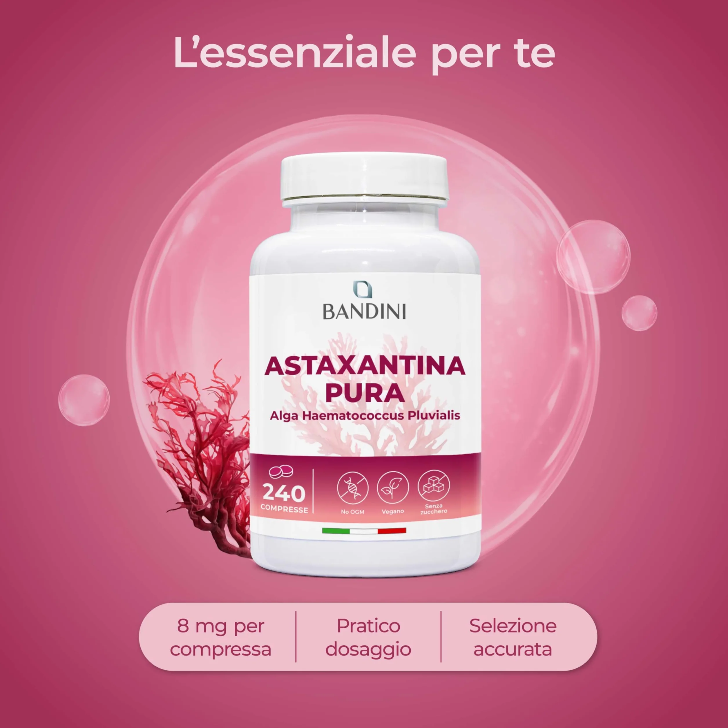 Bandini Astaxantina 240 compresse 8 mg Pura Antiossidante Naturale Alga Haematococcus Pluvialis Senza Magnesio Stearato