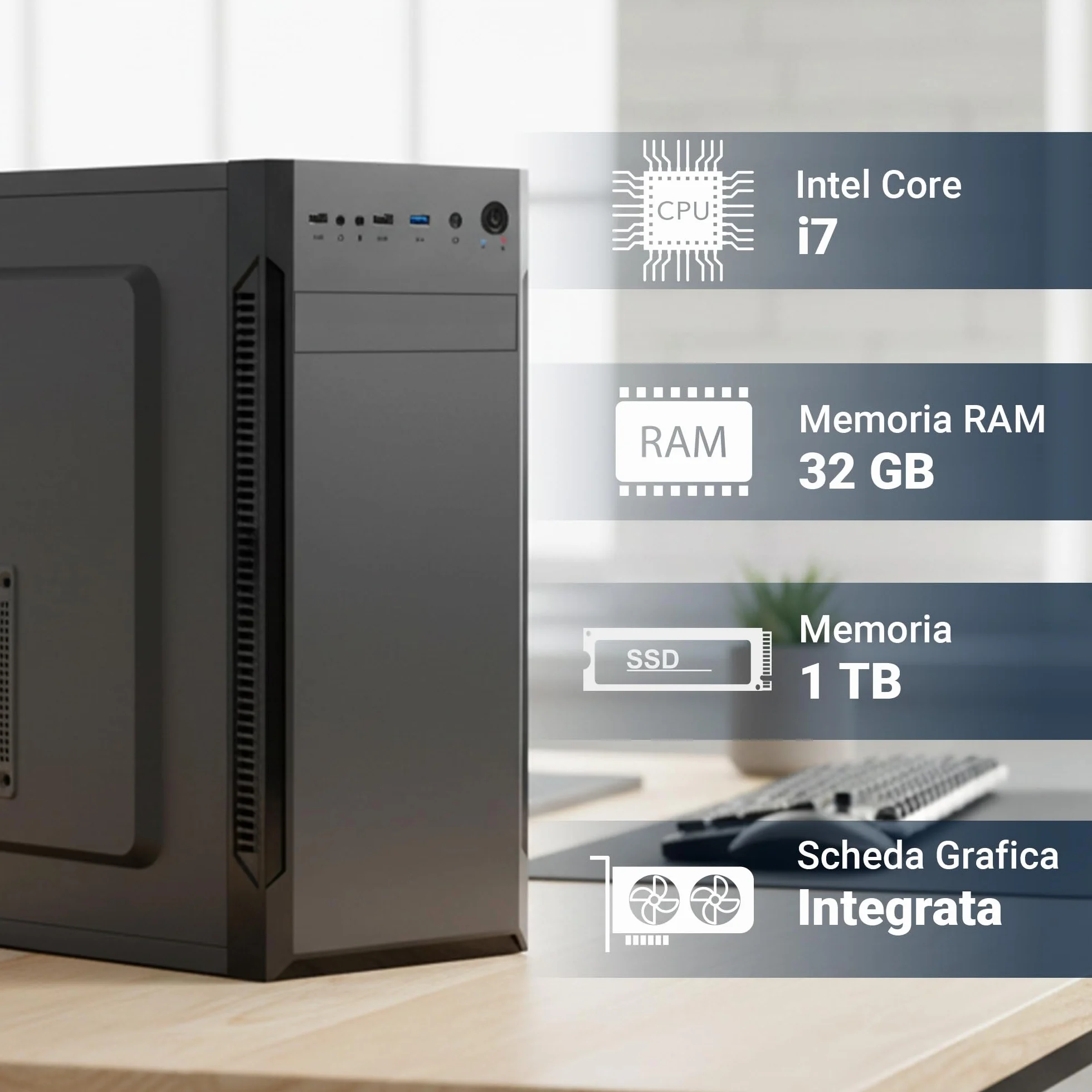 PC Fisso Completo Intel Core i7-8700 32GB DDR4 1TB SSD Intel UHD 630 Wi-Fi AC Bluetooth HDMI USB 3.2 Windows 11 Pro