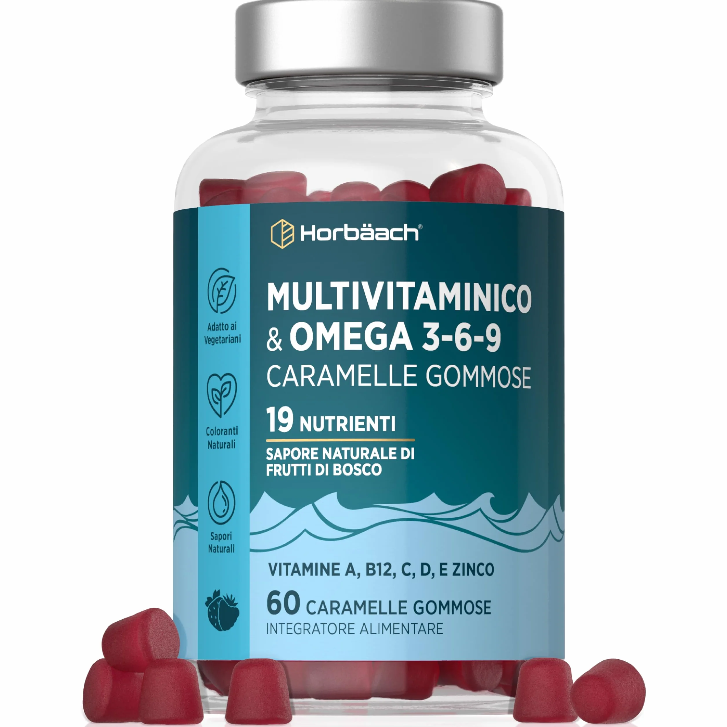 Horbaach Multivitaminico Gommose Omega 3 6 9 60 Caramelle con Vitamina C A B D Biotina Zinco