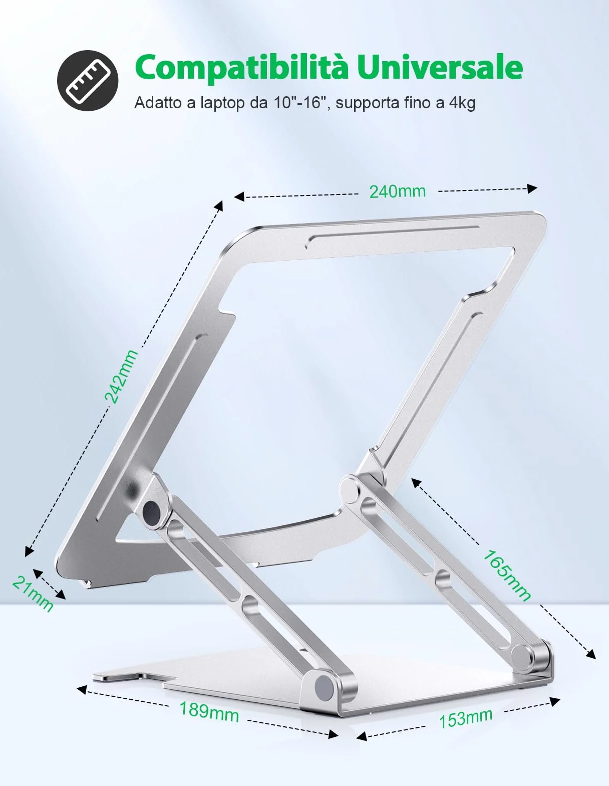 Glangeh Supporto PC Portatile Alluminio, Laptop Stand Multi-Angolo Regolabile Ergonomico, Porta PC Ventilato Raffreddamento Compatibile con MacBook Pro Air Tutti i Laptop 10-16"