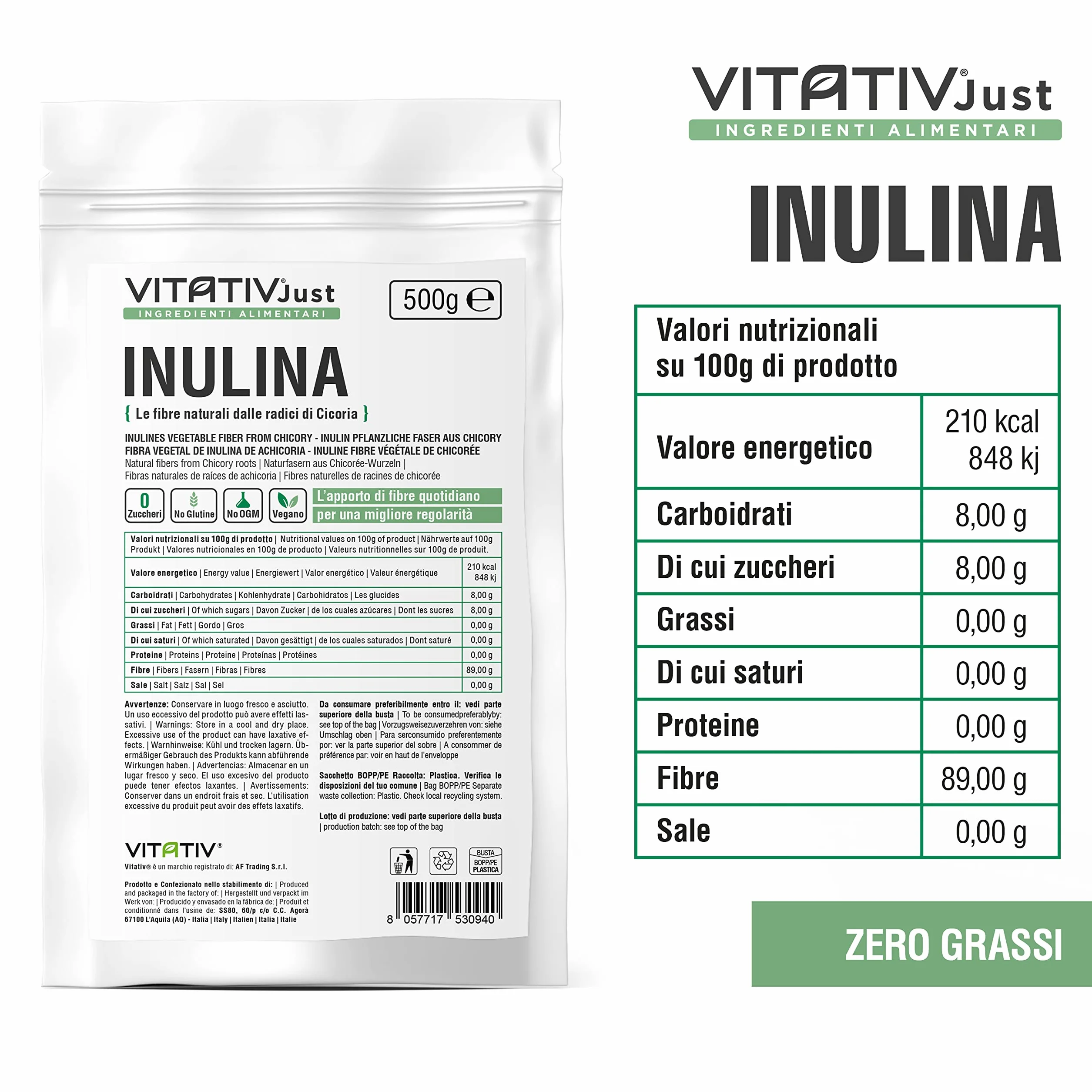 VITATIV Inulina da Cicoria in Polvere Pura 500g Fibra Vegetale Prebiotica