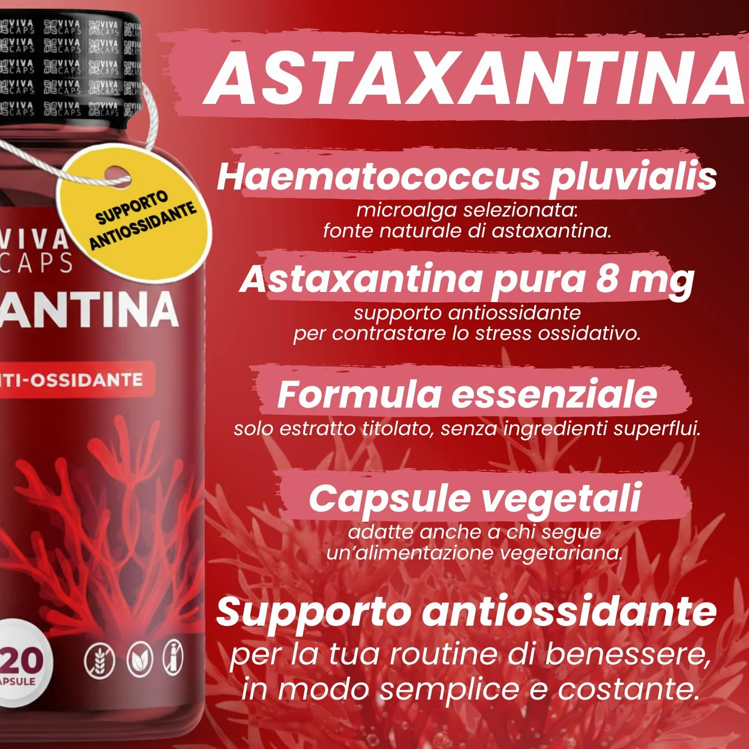 Astaxantina pura alto dosaggio 8mg 120cps supporto antiossidante Made in Italy