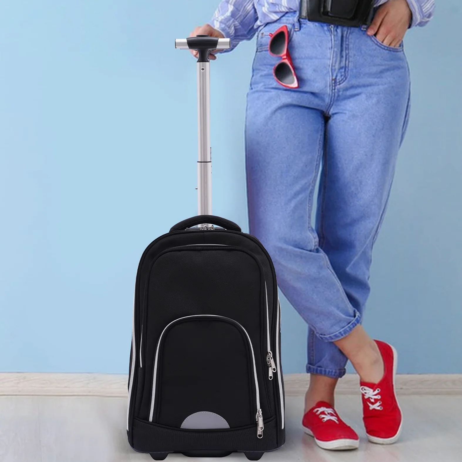 Zaino trolley da 45 l, con ruote, impermeabile, per laptop da 15 pollici, bagaglio a mano 3 in 1, ruote silenziose da 7 pollici, trolley in alluminio regolabile in altezza, per scuola, lavoro