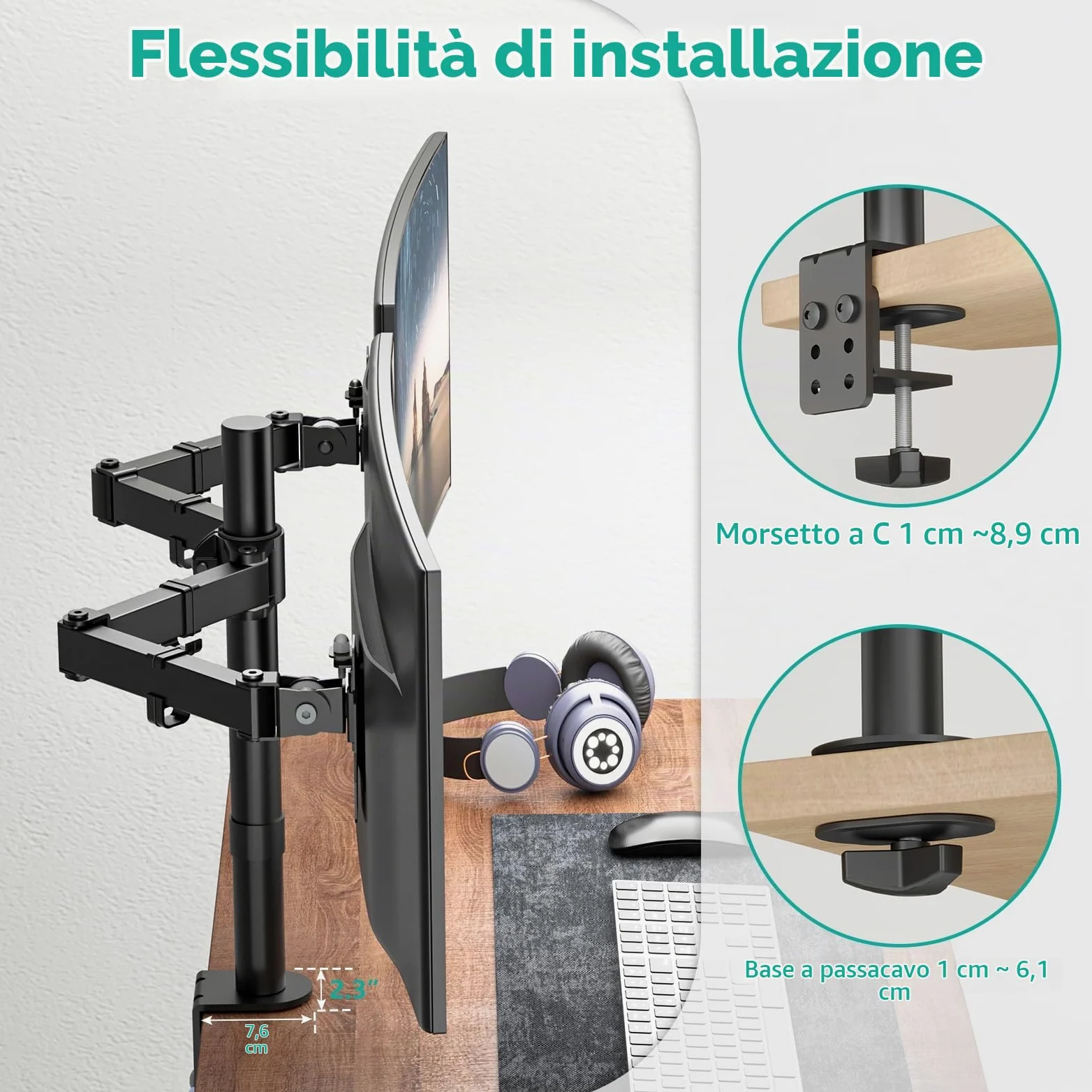 WALI Braccio Monitor Doppio per Schermi 13-27”, Supporto per Doppio Monitor con Morsetto Scrivania Supporto, Altezza Regolabile Inclinazione Girevole Ruotare - VESA 75/100mm(M002)