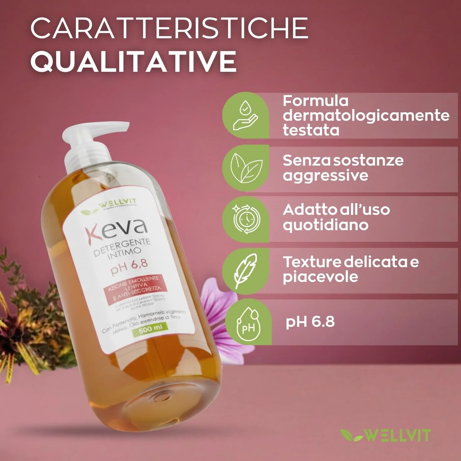 KEVA Wellvit Detergente Intimo Donna pH 6,8 500ml Menopausa Secchezza Pelle Sensibile Made in Italy