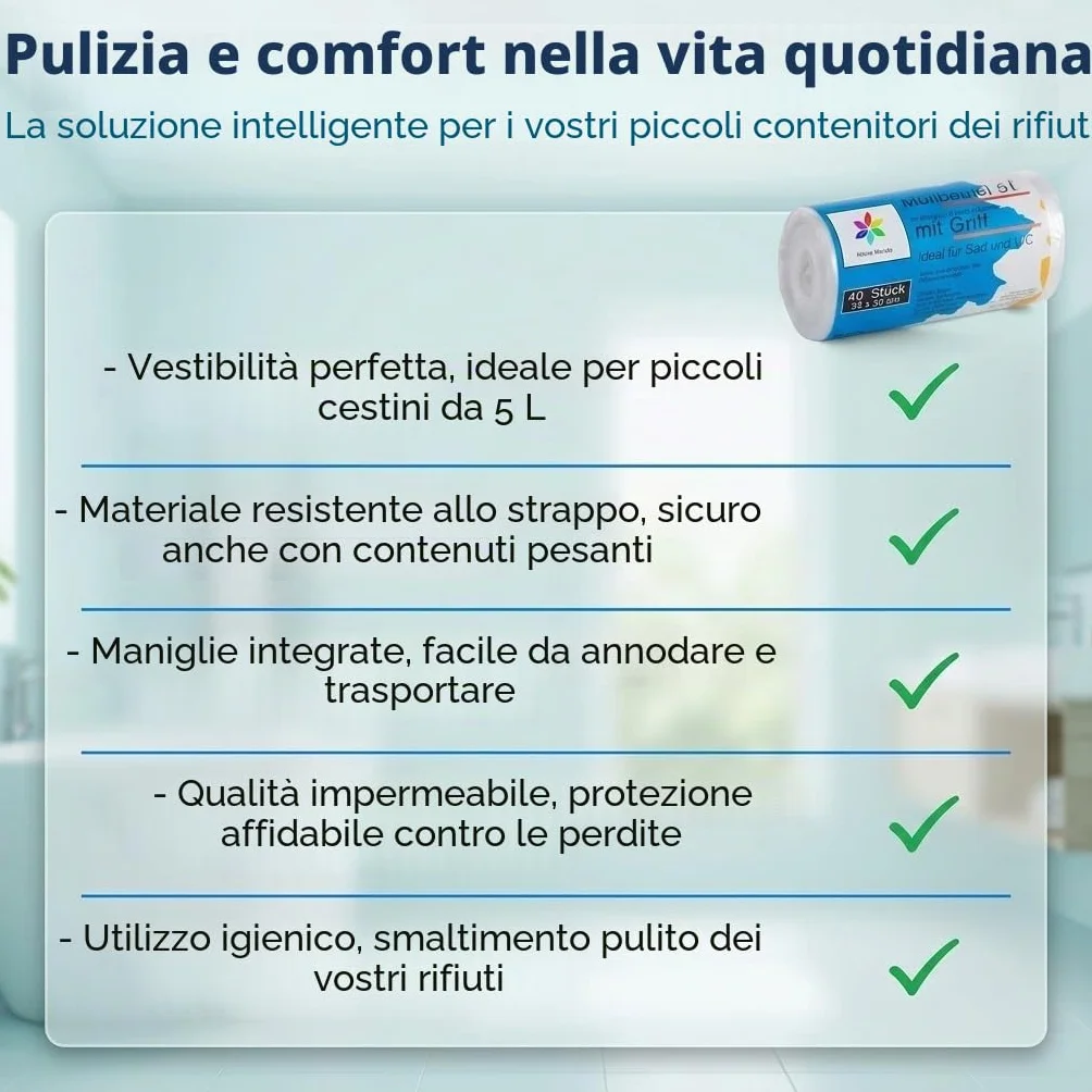Sacchetti della spazzatura 5 litri 34x36 cm resistenti strappi impermeabili con manico confezione da 3