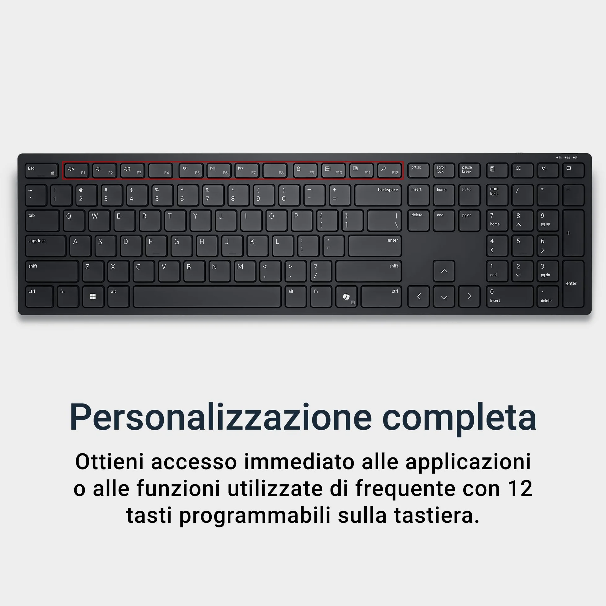 Dell Pro Tastiera wireless KB500, 12 tasti programmabili, AES-128 | RF 2,4 GHz, Batterie AAA, autonomia 36 mesi, design ergonomico, digitazione silenziosa, Ricevitore USB, Pronta per ufficio