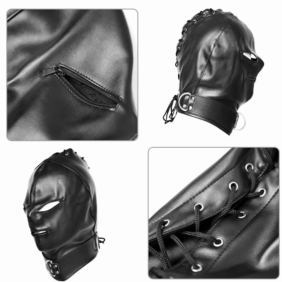SXOVO BDSM Maschera per la testa in pelle regolabile con occhi aperti e bocca con cerniera per bondage erotico