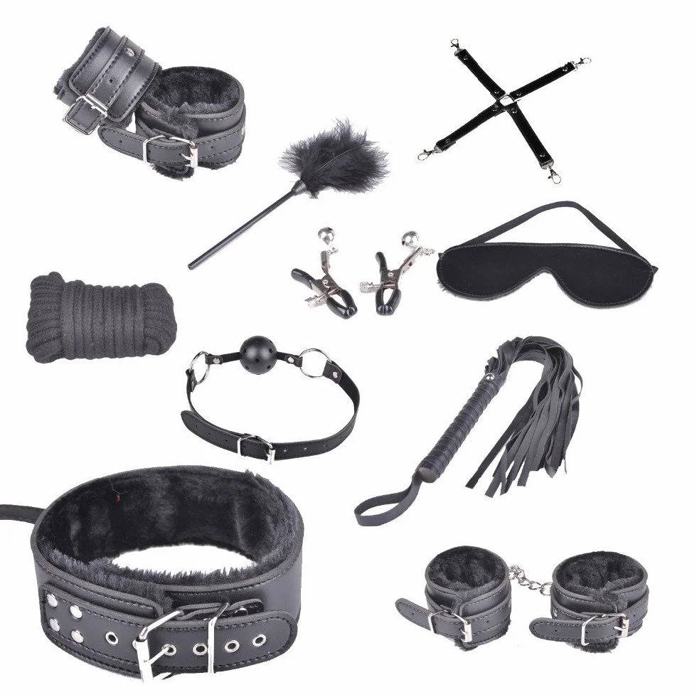 BONDAGERIE® Kit per giochi coppia Accessori Professionale 10 articoli, corda manette cavigliere, Nero