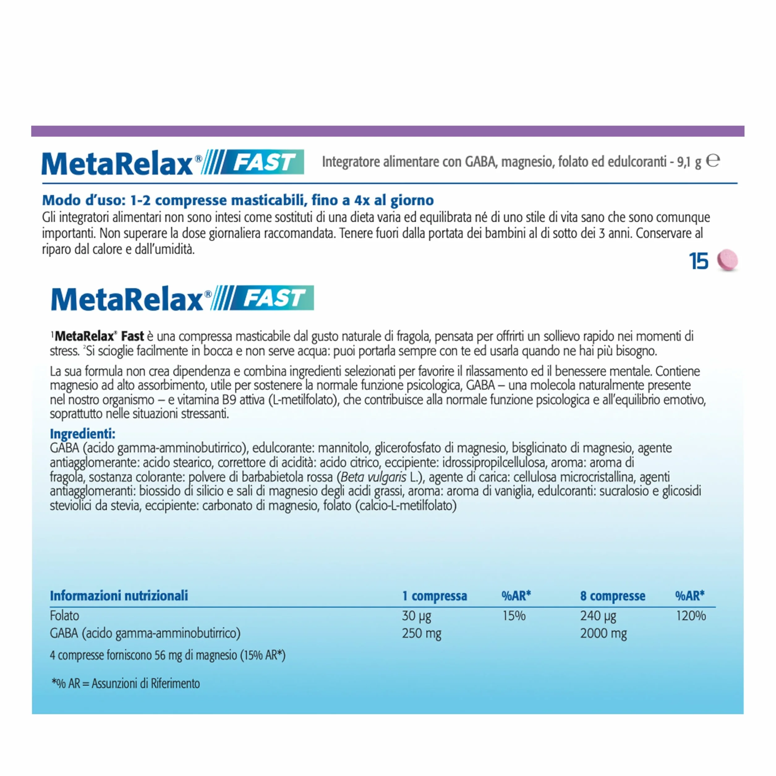 Metagenics MetaRelax Fast 15 compresse masticabili con GABA, folato attivo (MTHF) e magnesio
