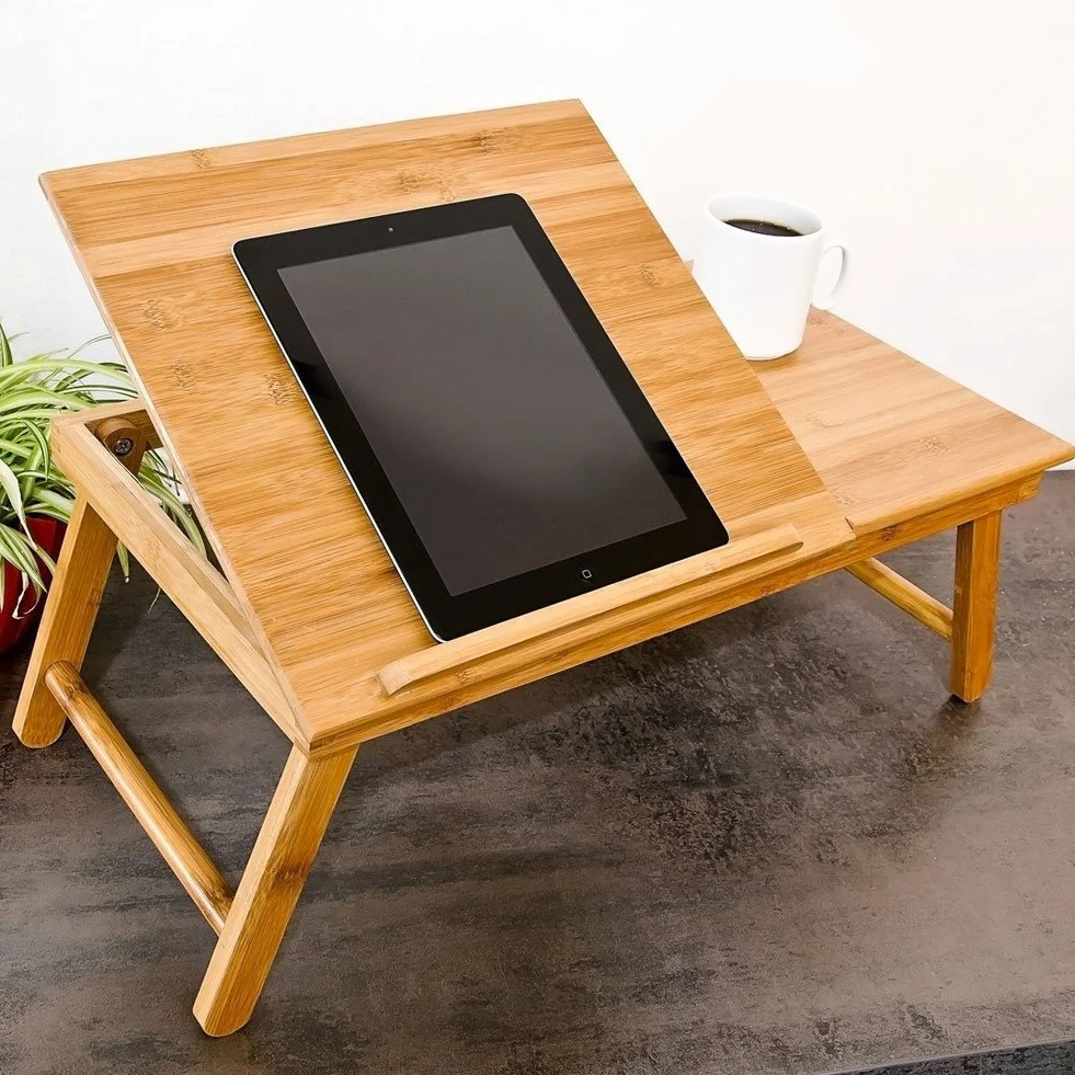 Bakaji Tavolino Vassoio Letto Artista Divano Porta Notebook Pc Tablet, con cassetro, Pieghevole in Legno Bambu Bamboo 55 x 33 x 24 cm