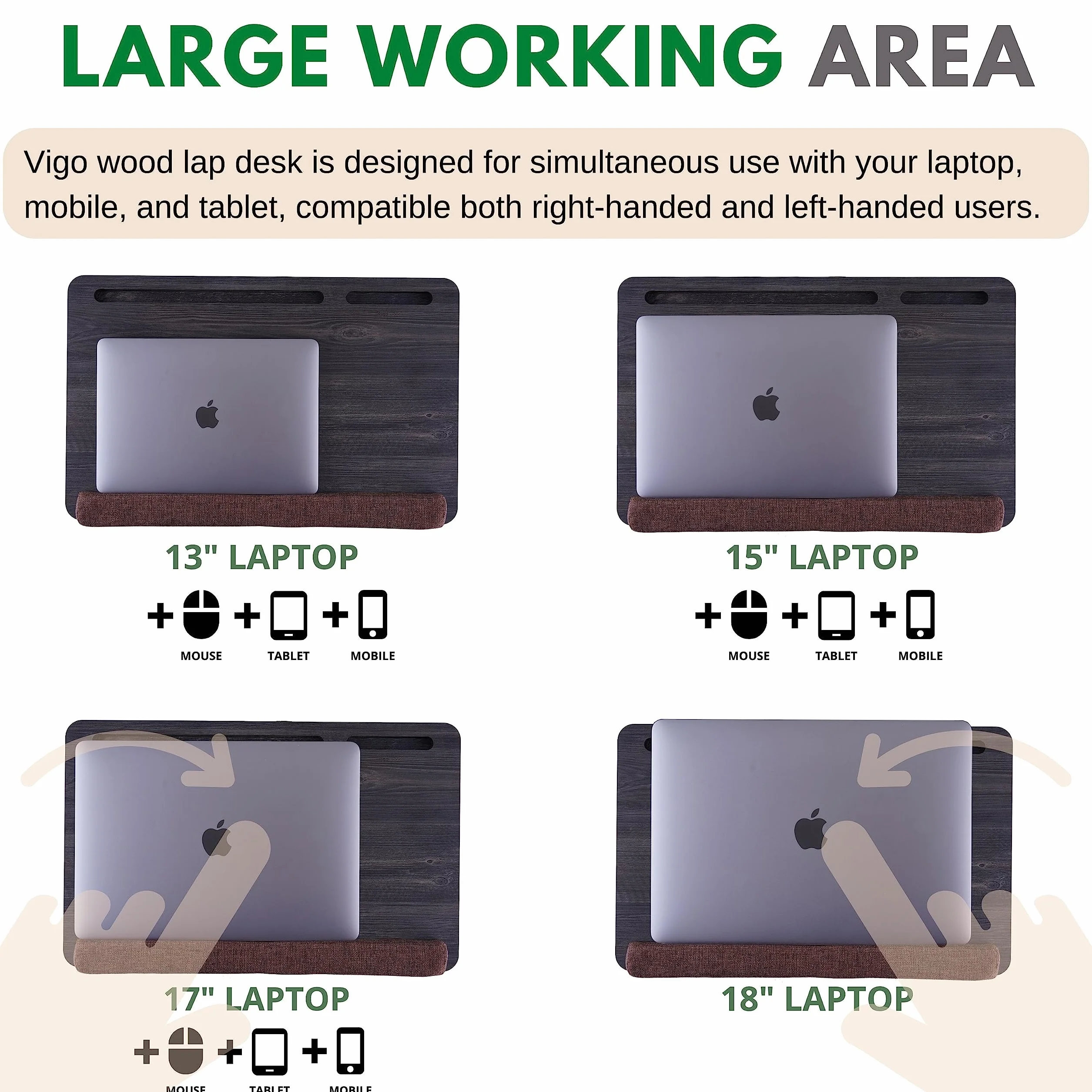Vassoio in Legno per Laptop Vigo Wood, Scrivania per Laptop, Supporto per Laptop da Letto con Cuscino, Tavolino Portatile per Ufficio a Casa Adatto fino a 17.3'' Tablet con Supporto per Telefono