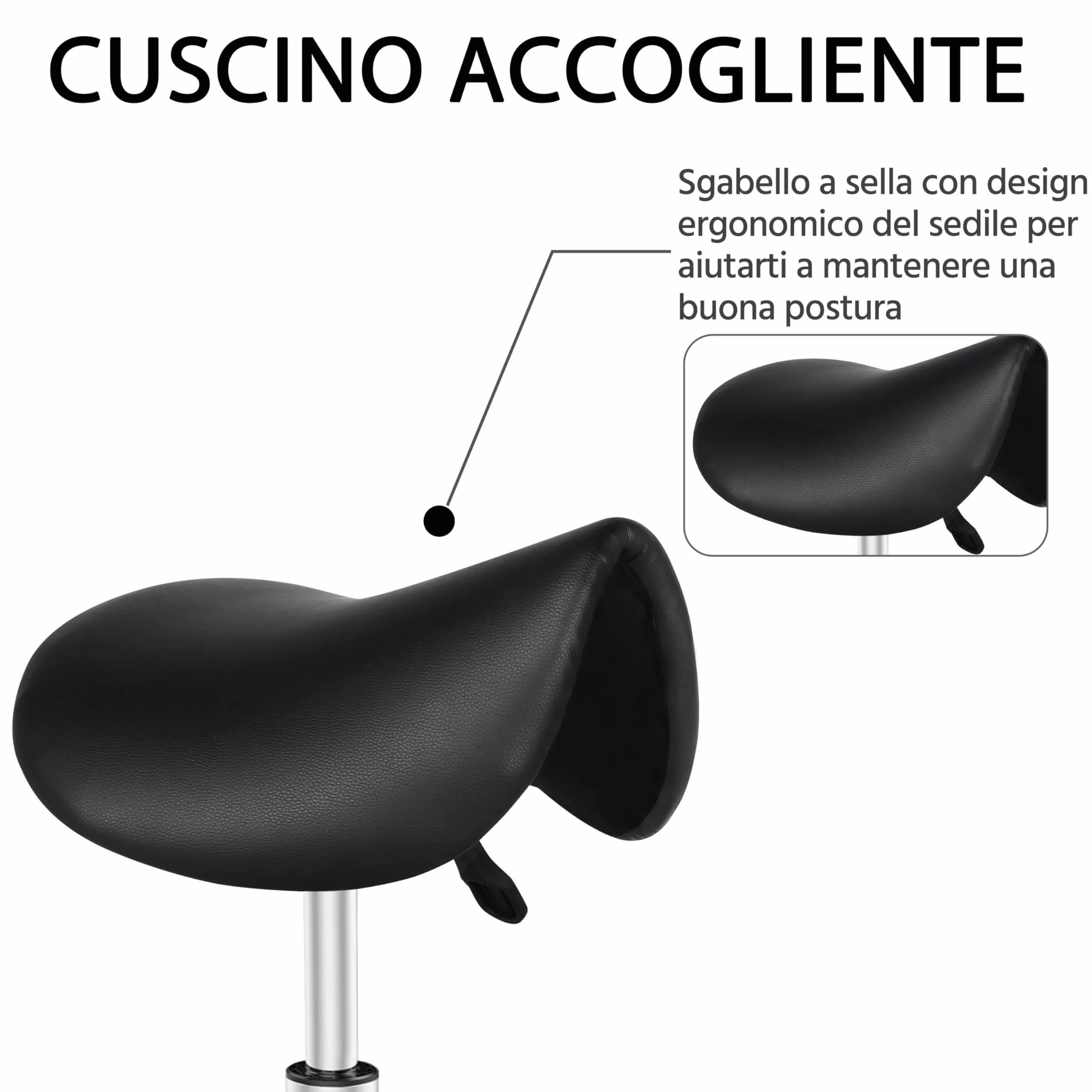 Yaheetech Sgabello a Sella con Ruote Regolabile in Altezza Sedia Estetista Girevole Ergonomico Nero