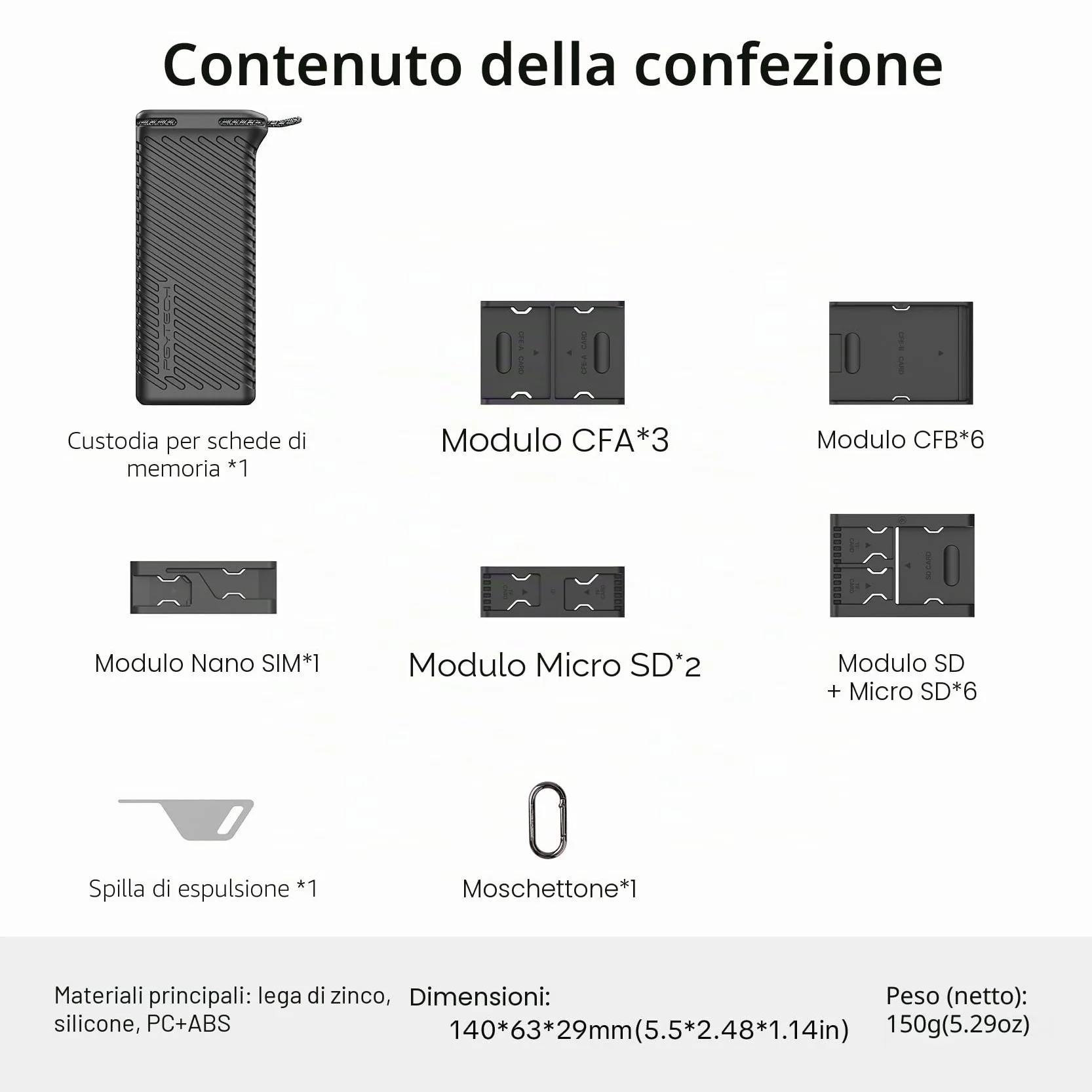 PGYTECH CreateMate Custodia per Schede di Memoria, 18 Slot Personalizzabili per SD/CF/XQD/SIM, IP54 Resistente ad Acqua/Polvere, Alluminio+Silicone con Moschettone per Fotografi