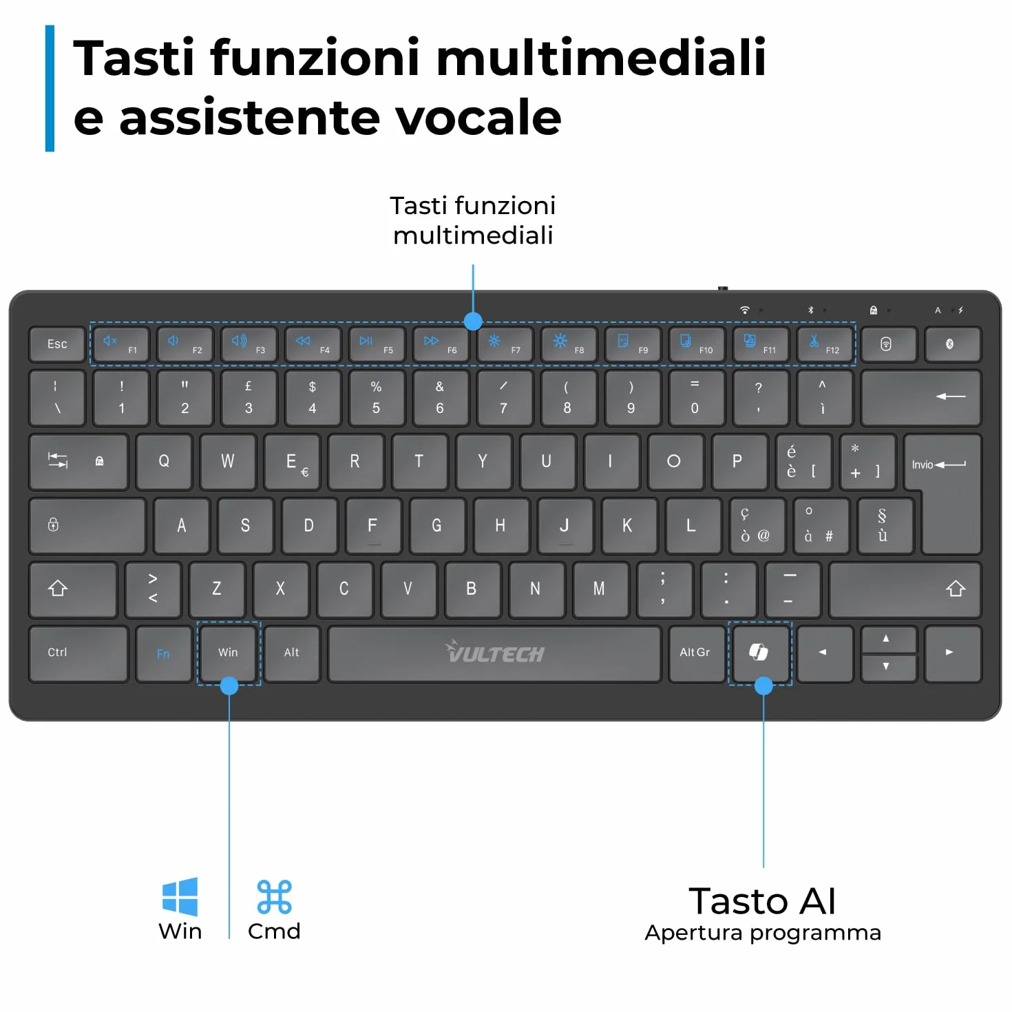 Tastiera Wireless Bluetooth Ricaricabile KEY-601WBT Layout Italiano QWERTY Ultraslim 80h Tasti Silenziosi