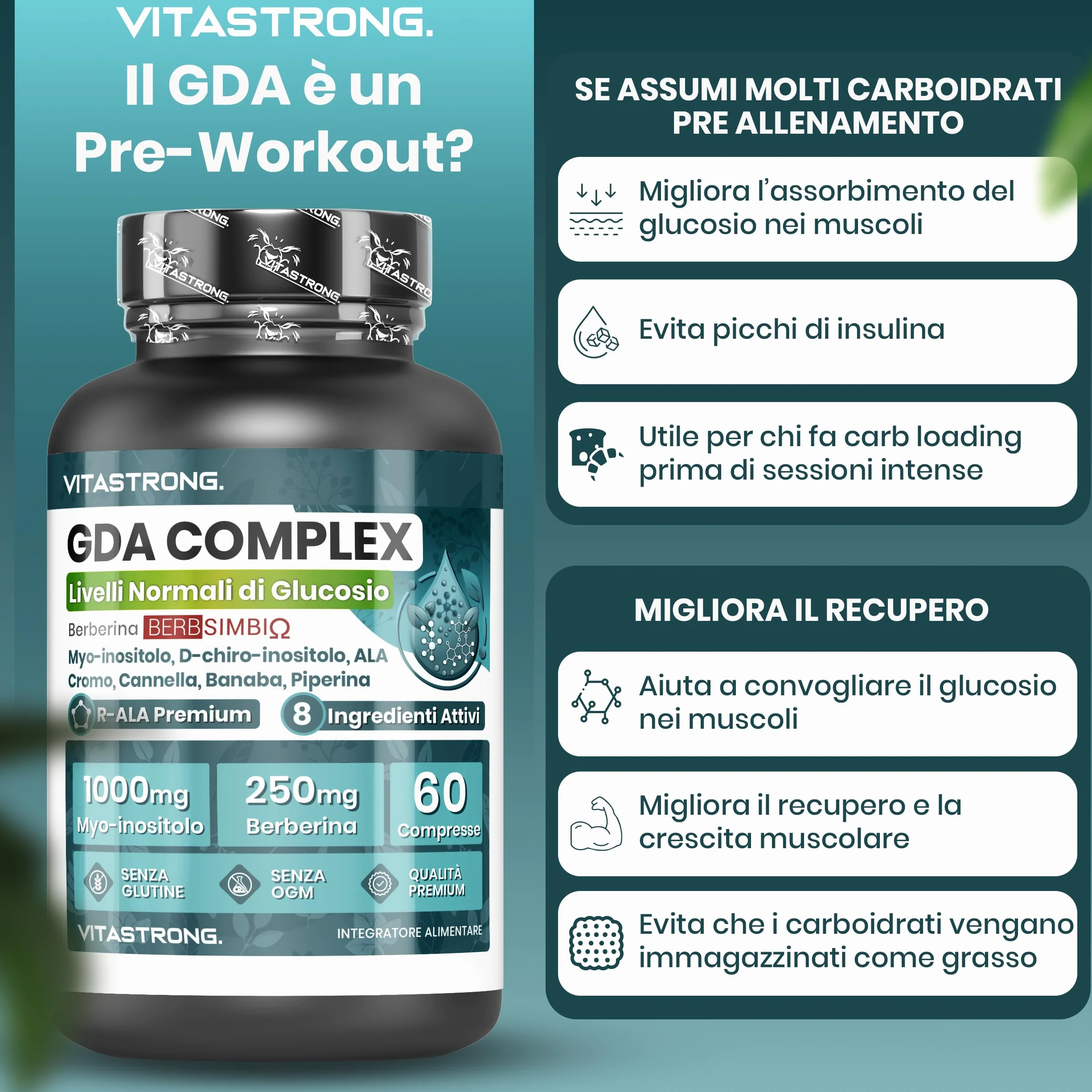 Vitastrong GDA Complex 100% Vegan Berberina 250mg Myo-Inositolo 1000mg Acido Alfa Lipoico Cromo