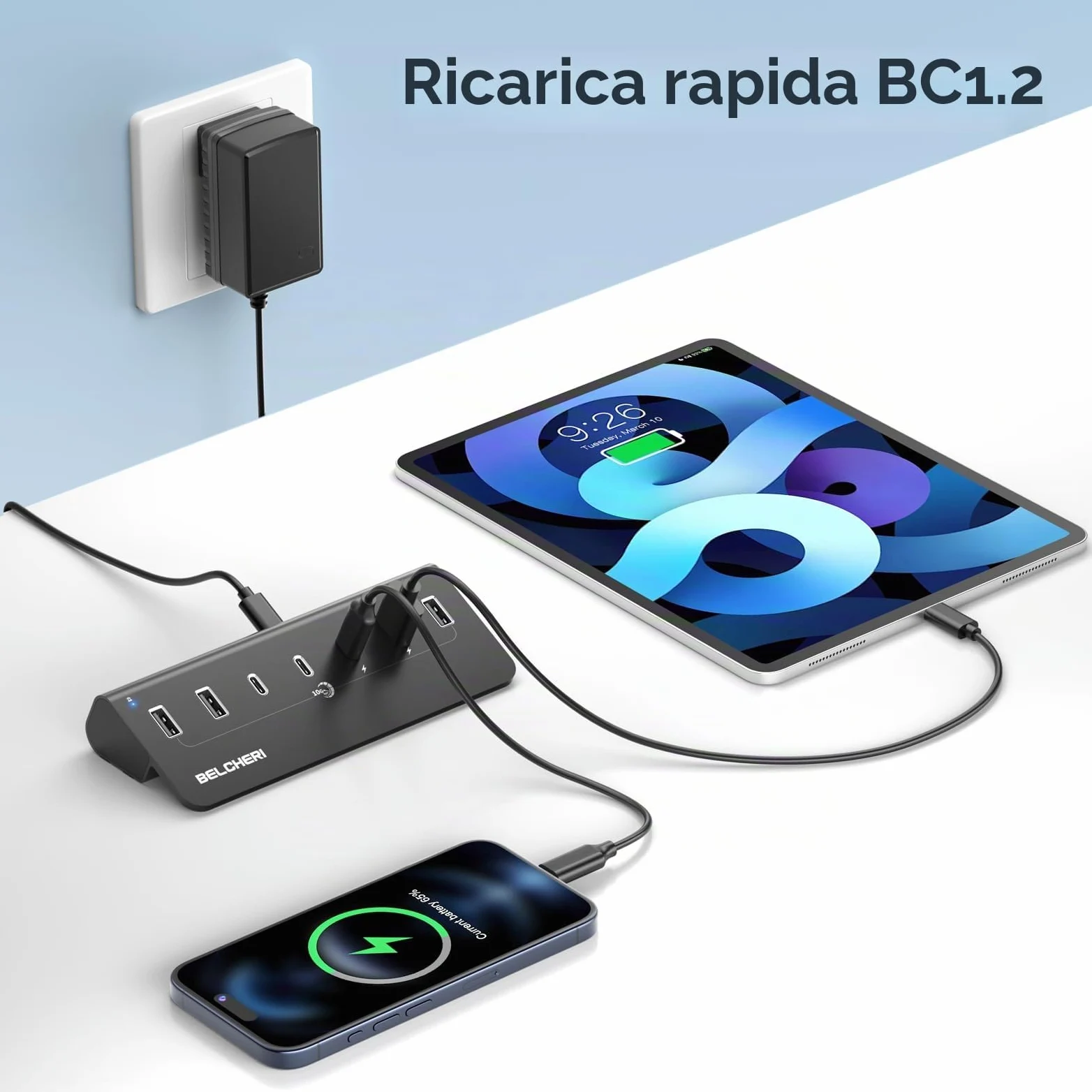 Hub USB C a 7 porte con alimentatore, USB 3.2 Gen 2, 10 Gbit/s ad hub, splitter di prolunga in alluminio con alimentatore da 5 V 3 A, 3 porte USB C e 4 porte USB-A, supporta la ricarica BC1.2