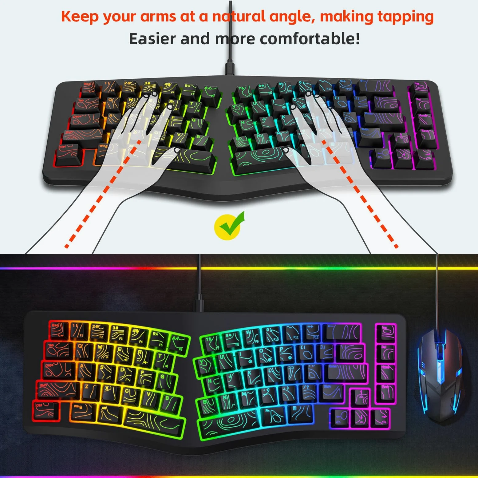 Tastiera Ergonomica Cablata, Tastiera Divisa a 69 Tasti, con Tasti Ondulati con Digitazione Comoda e Retroilluminazione RGB, Ideale per, IOS, PC e Laptop