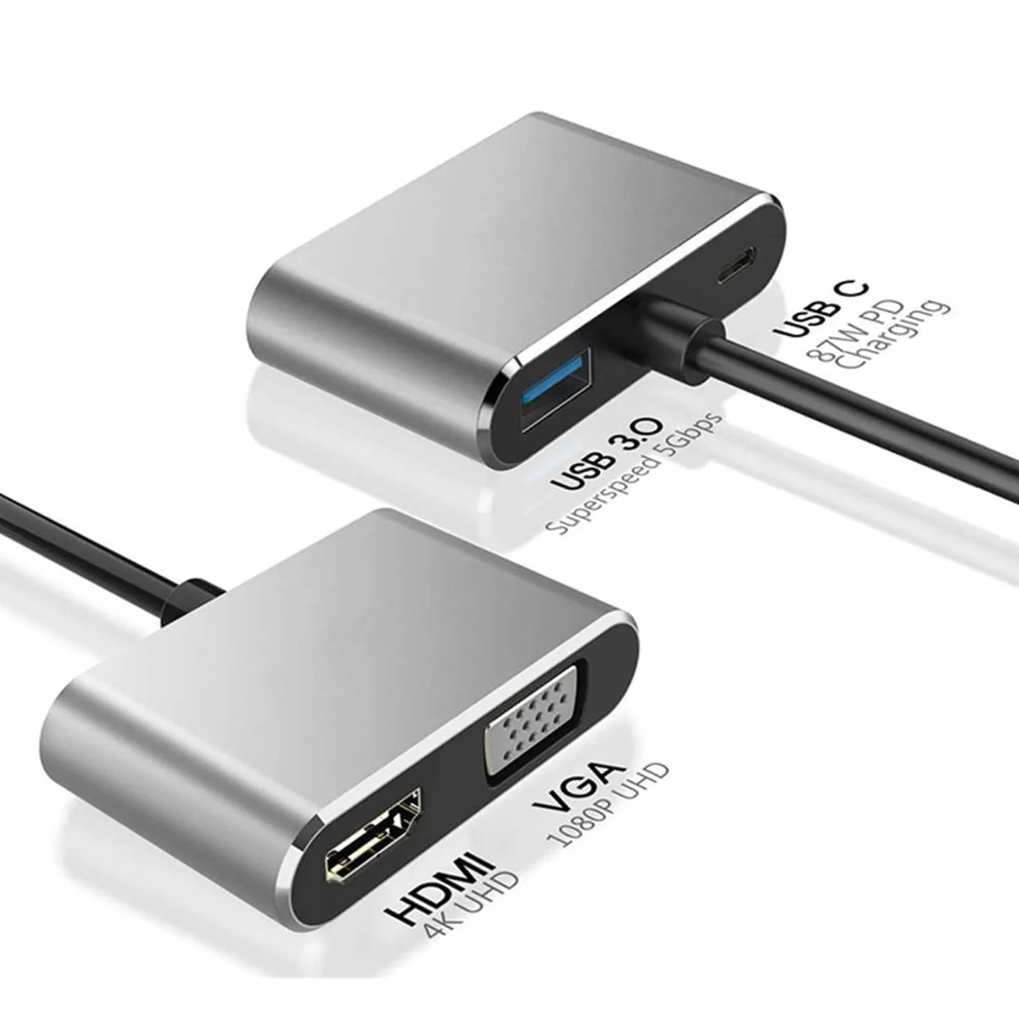 Adattatore multiporta da USB C a HDMI VGA, USB tipo C 4 in 1 Hub a HDMI 4 K, VGA, USB3.0, PD, compatibile con MacBook Pro, MacBook Air, iPad Pro, Pixelbook, XPS ecc