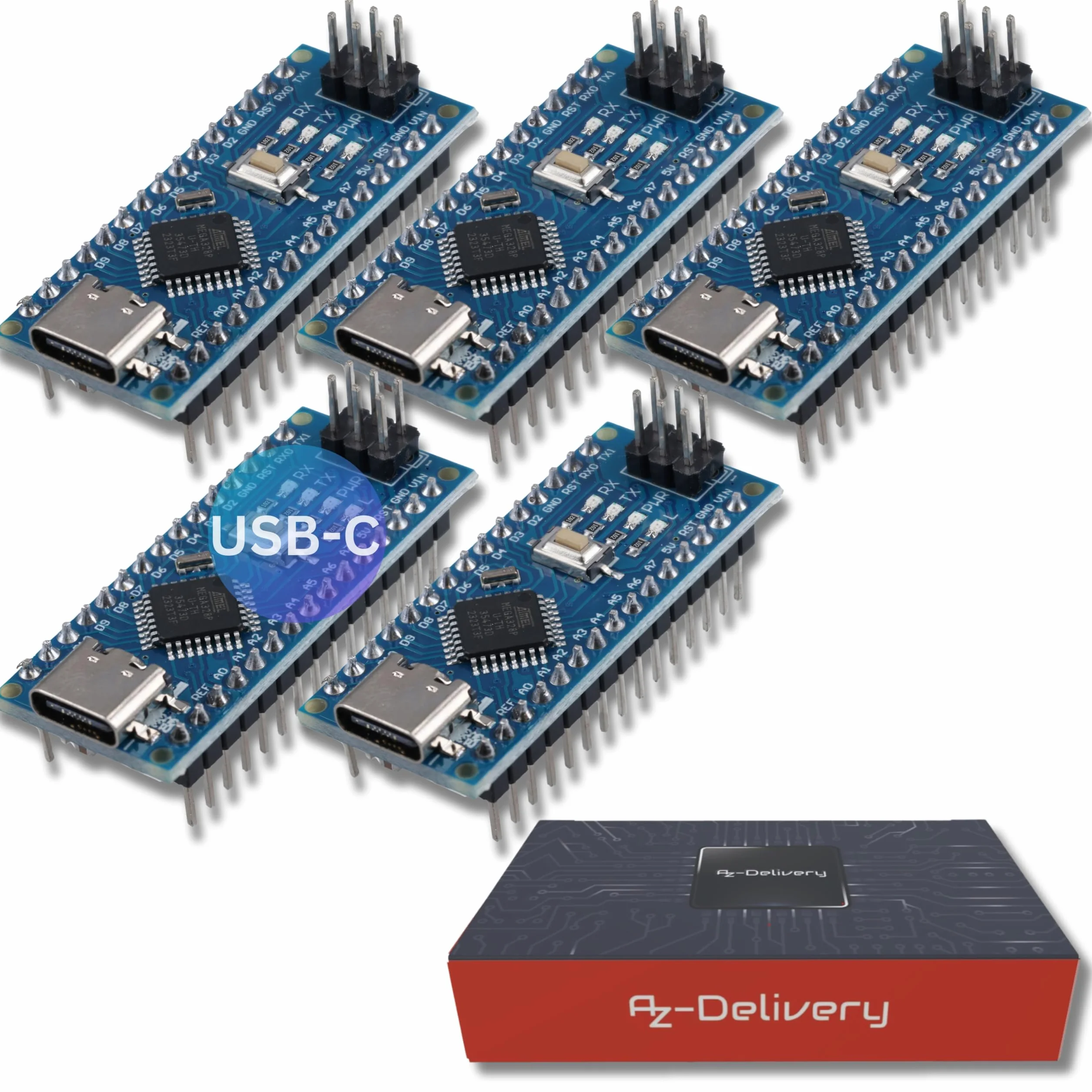 AZDelivery 5 x AZ-Nano V3 con connettore USB-C con Atmega328 CH340 già saldate, versione migliorata incluso e-book!