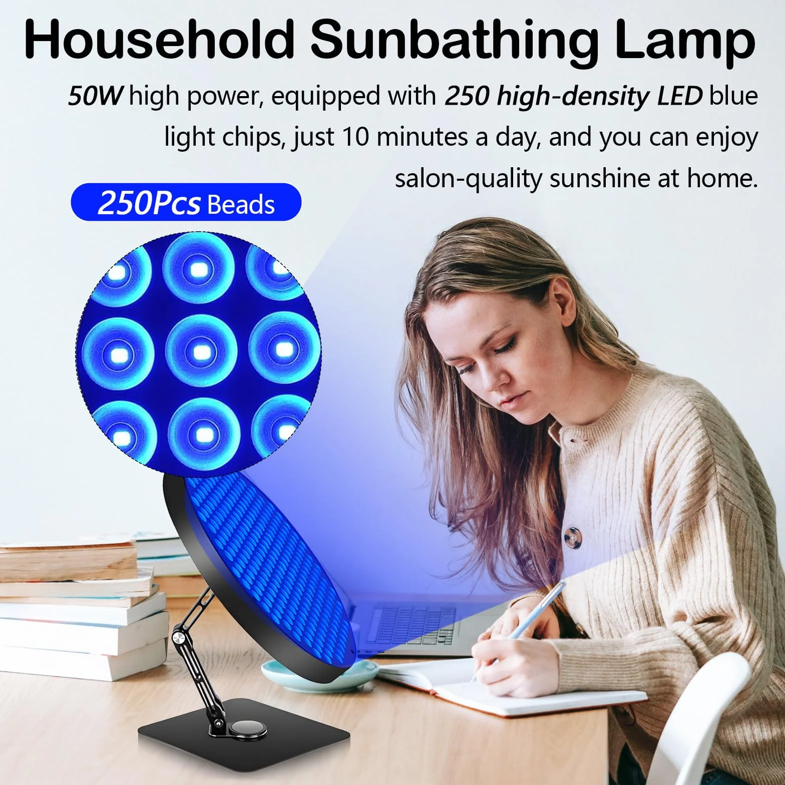 Solarium per la Casa, Lampada Abbronzante Viso 50W 250 LED 460 NM Temporizzato con Supporto e Occhiali
