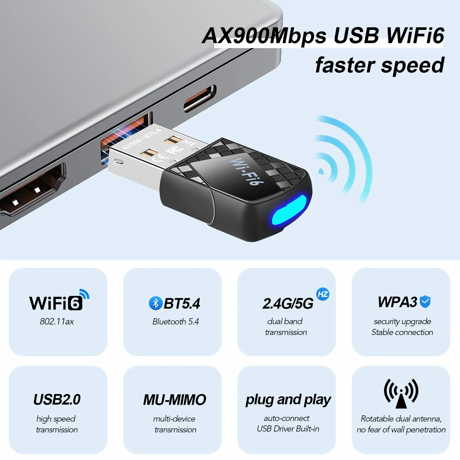 AX900Mbps Adattatore USB WiFi 6 per PC, adattatore WiFi Bluetooth 5.4 2 in 1. Adattatore ricetrasmettitore di rete wireless a doppia banda 2.4G/5G per laptop, desktop, WPA3, supporta Windows 11/10