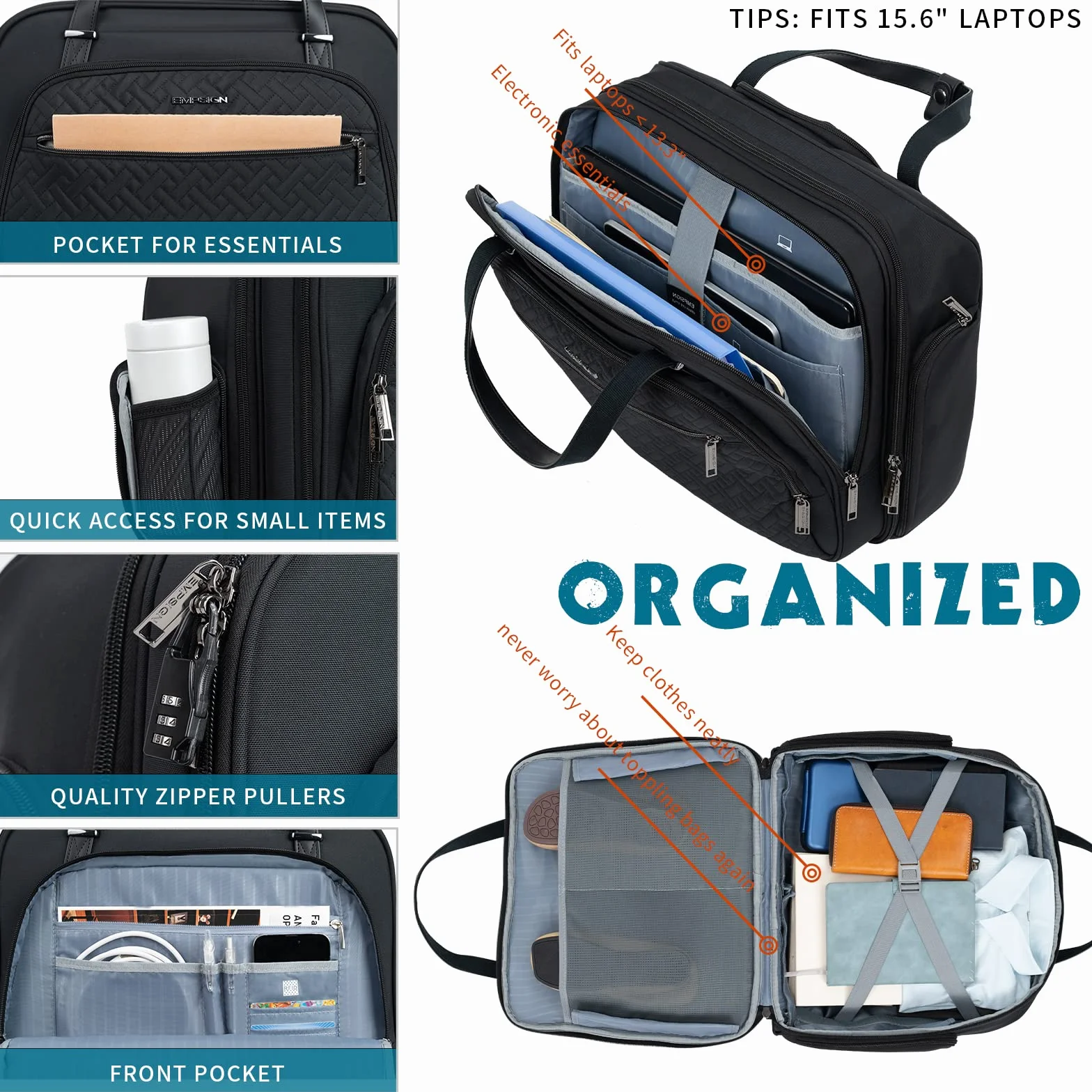 EMPSIGN Borsa per computer portatile 15.6 pollici con ruote RFID impermeabile nera