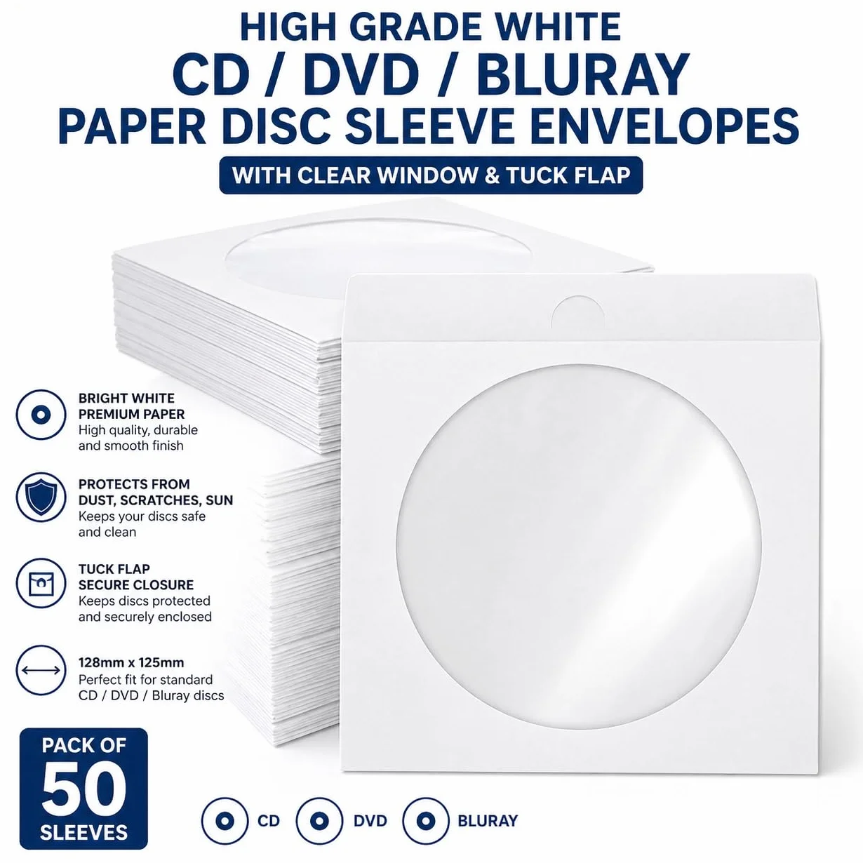 Dragon Trading, 50 buste di carta bianca per CD/DVD/Bluray con finestra trasparente