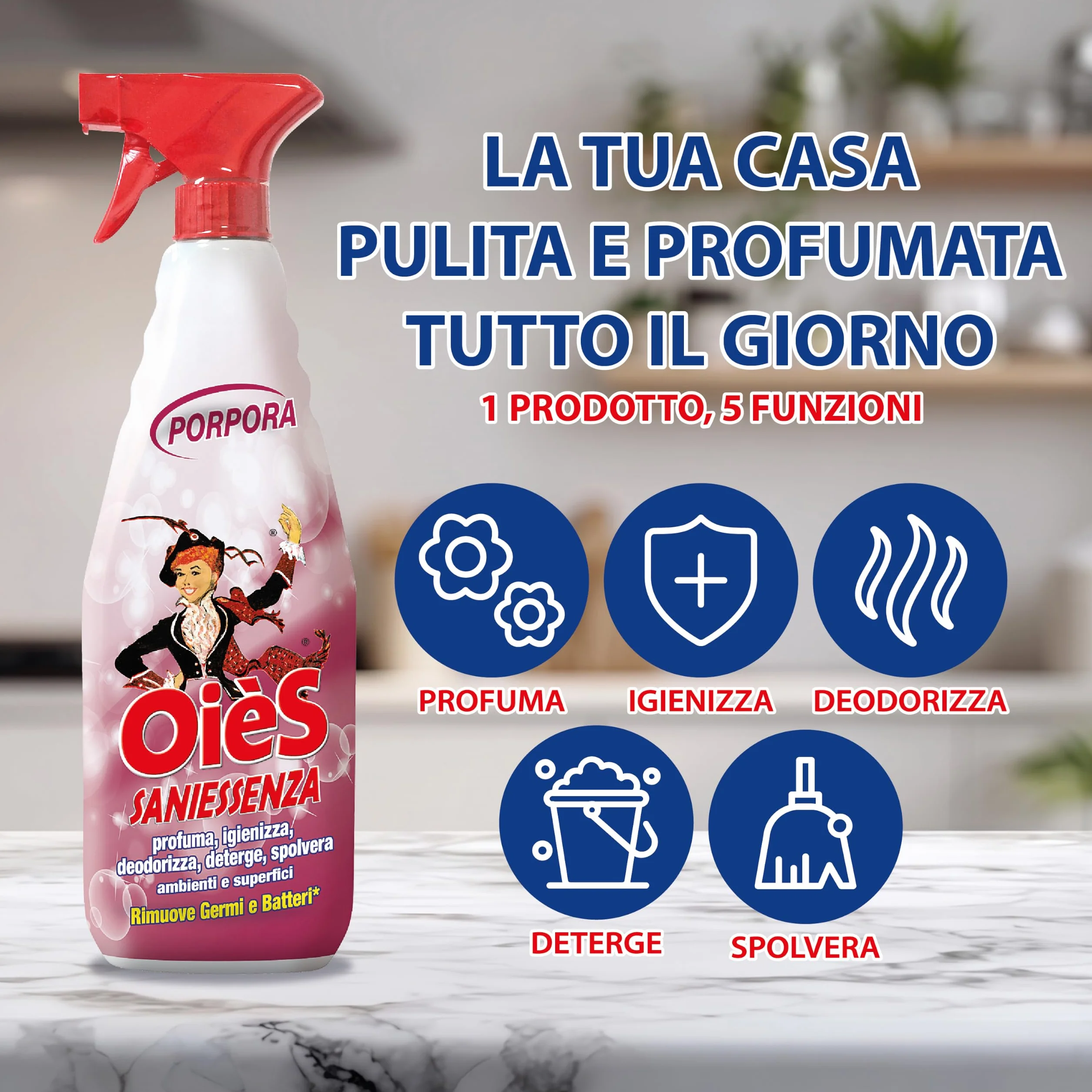OièS Saniessenza Detergente Profumato 750 ml - Profumatore Ambiente 5 in 1 Spray Igienizzante Multiuso per Pavimenti e Superfici