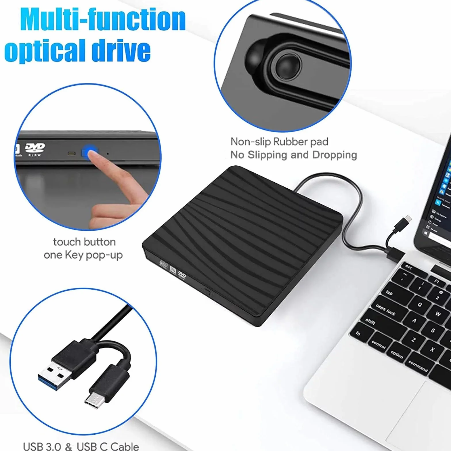 Unità DVD esterna USB 3.0 e Type-C portatile CD DVD +/-RW ROM drive per computer portatile PC desktop, CD DVD Burner Reader compatibile con sistemi operativi Windows XP / 2003 / Vista /7 /8/10/11