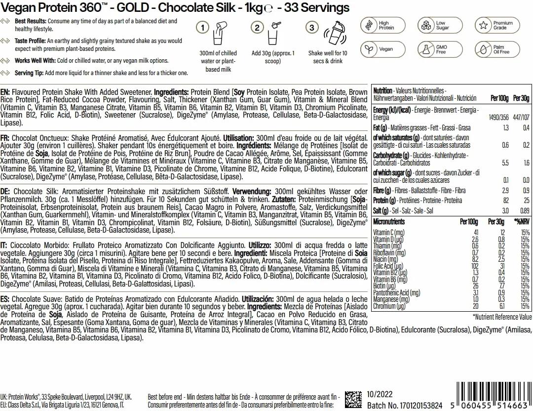 Protein Works Vegan Protein 360 GOLD Innovation Proteine Vegane Miscela Multi-Proteica Premium Cioccolato Morbido 1kg