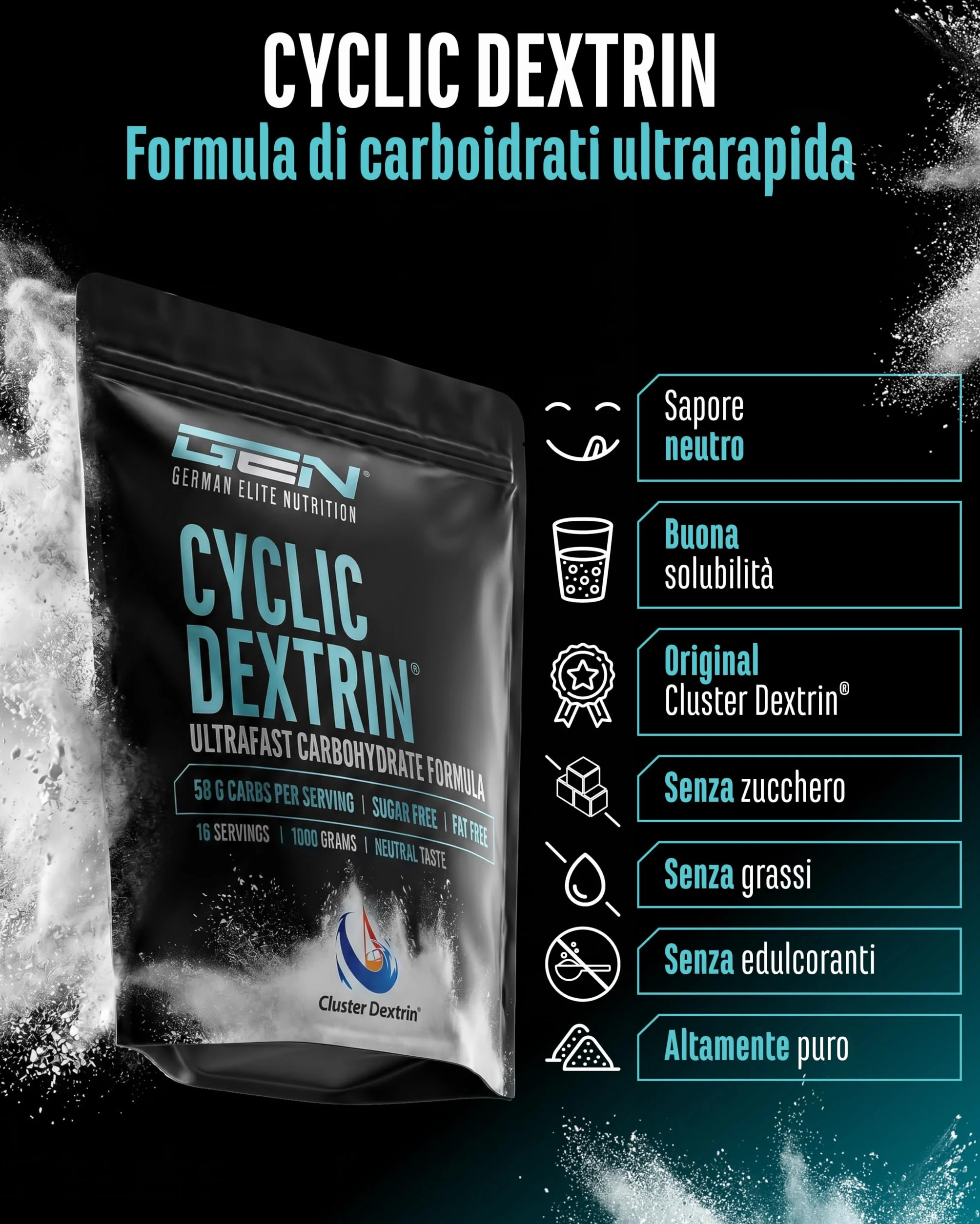 Cluster Dextrin® 1000 g - Polvere di carboidrati ciclica - Destrina ramificata - Energia vegana