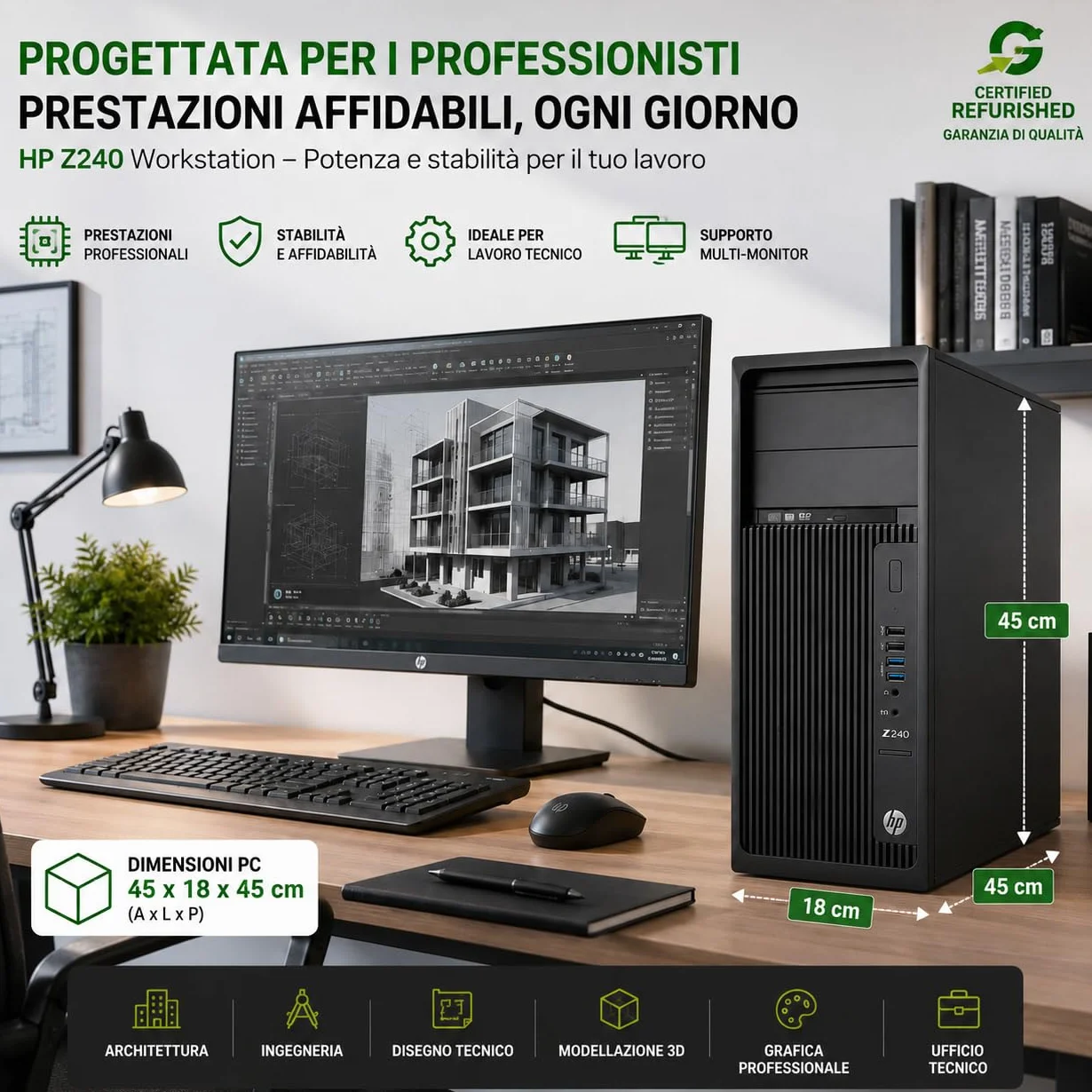 HP Workstation Z240 PC RICONDIZIONATO, Core i7-6700K, 32GB RAM, 1TB SSD+HDD, NVIDIA Quadro K1200 4GB, Win 11 Pro + Office 365