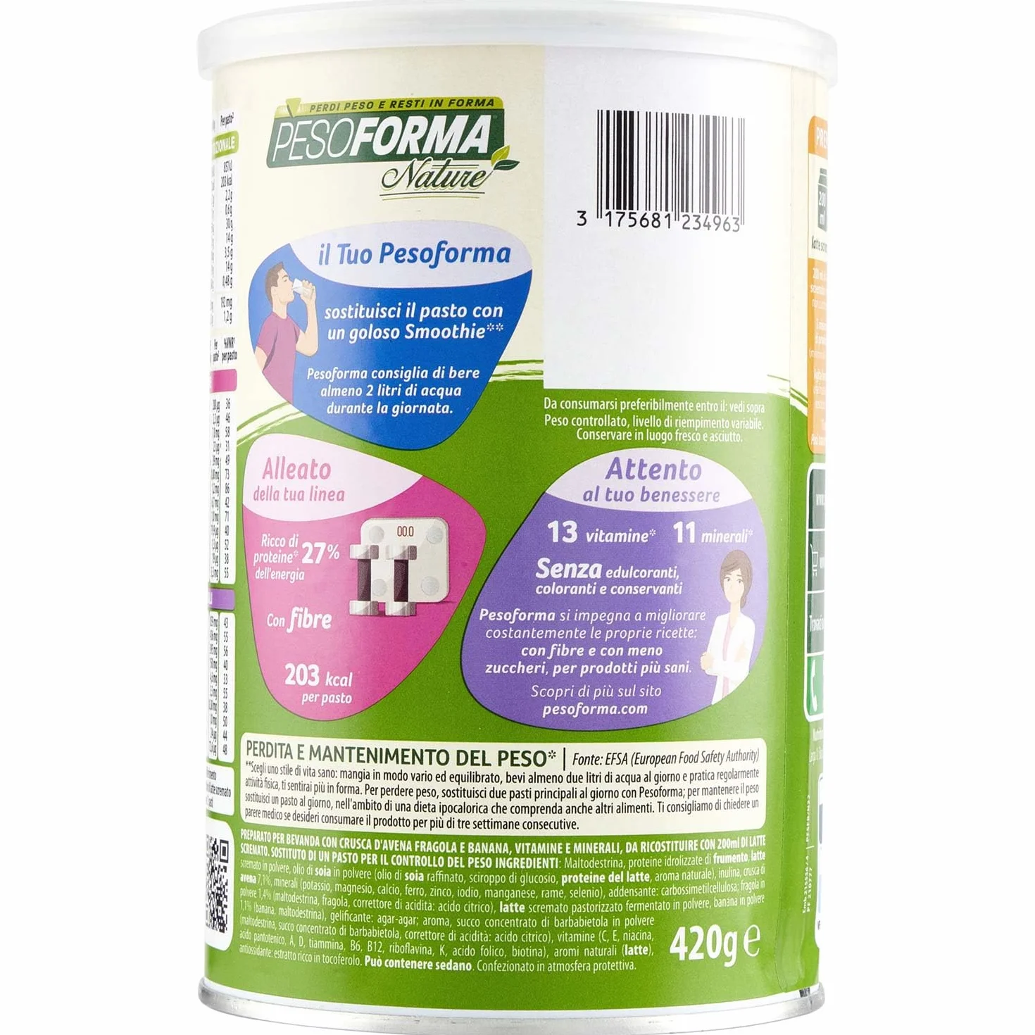 Pesoforma Nature Smoothie Pasto Sostitutivo Dimagrante, Shake gusto fragola banana, 203 Kcal