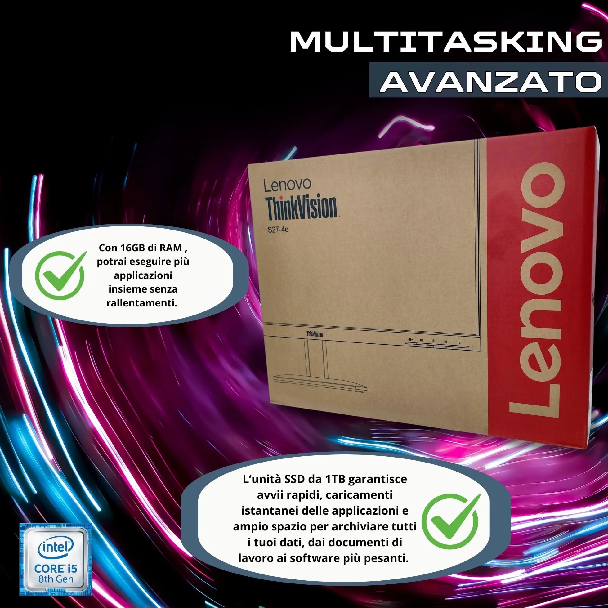 Lenovo Slim 27 pollici Computer i5 8500 16 GB RAM 1 TB SSD Win 11 Pro Office 2021 Pro