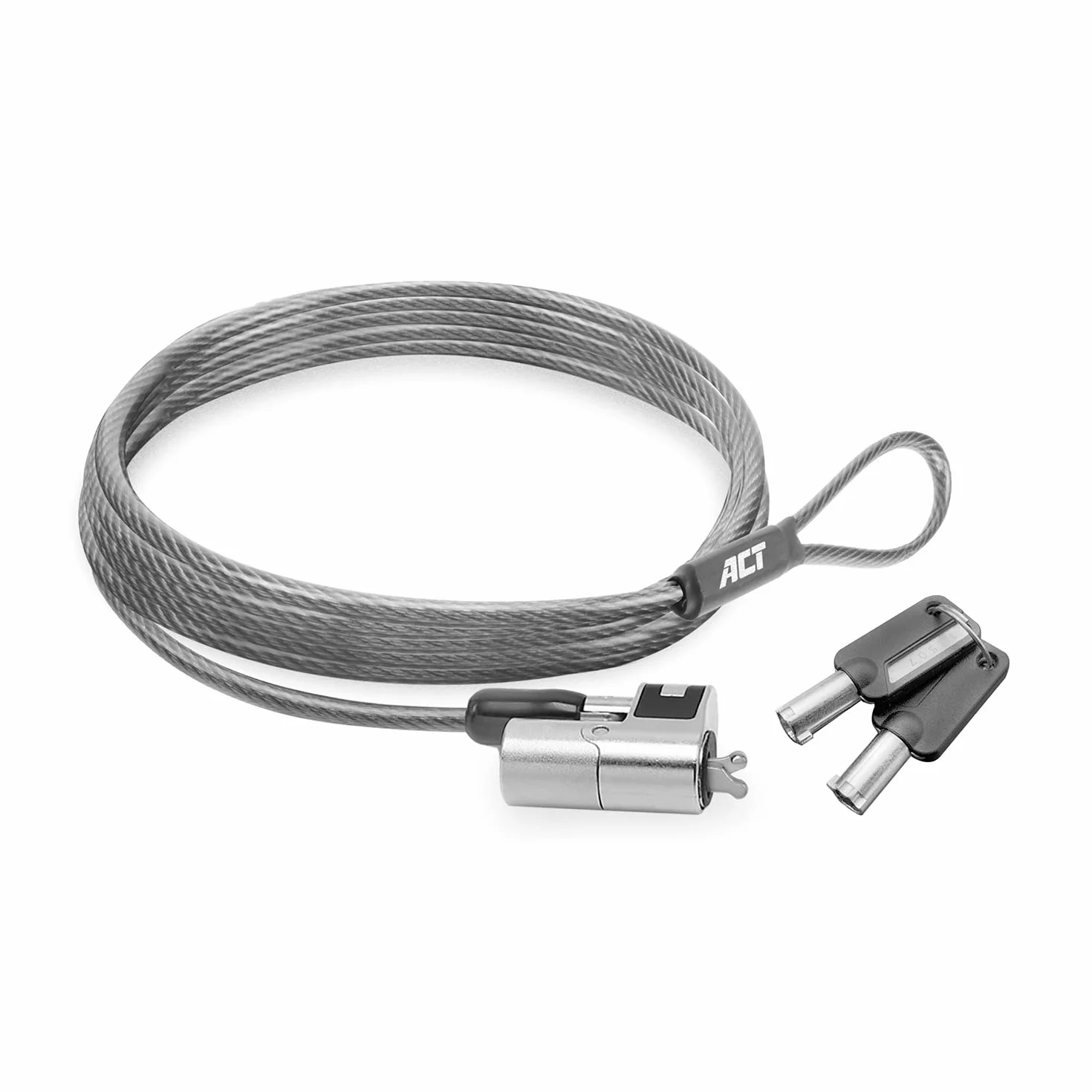 ACT AC9040 - Cavo di sicurezza per laptop, 2 m, con chiave, slot Wedge Slot per notebook, testa di blocco girevole, serratura per computer portatile, cavo antifurto