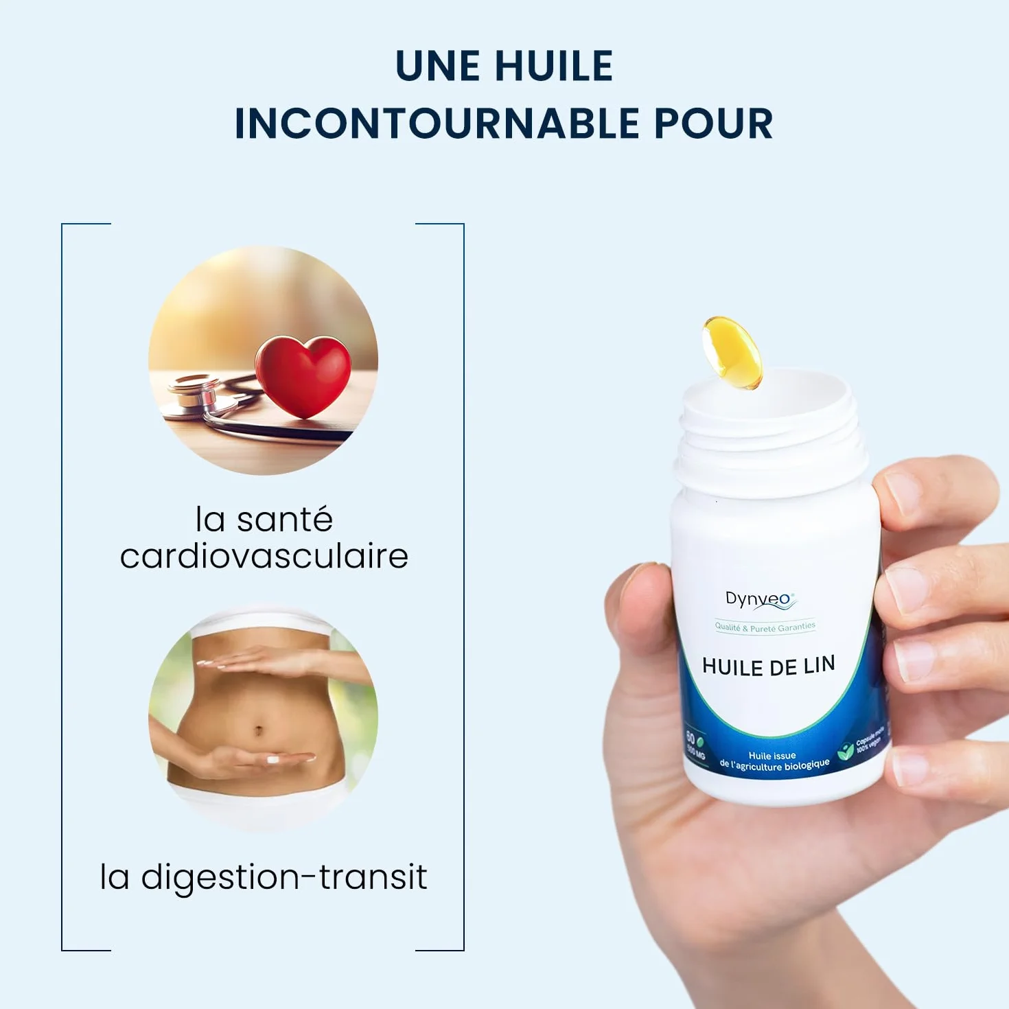 Olio di lino biologico capsule molli vegani ricco in acido alfa-linolenico ALA Omega 3-6-9 60 capsule Dynveo