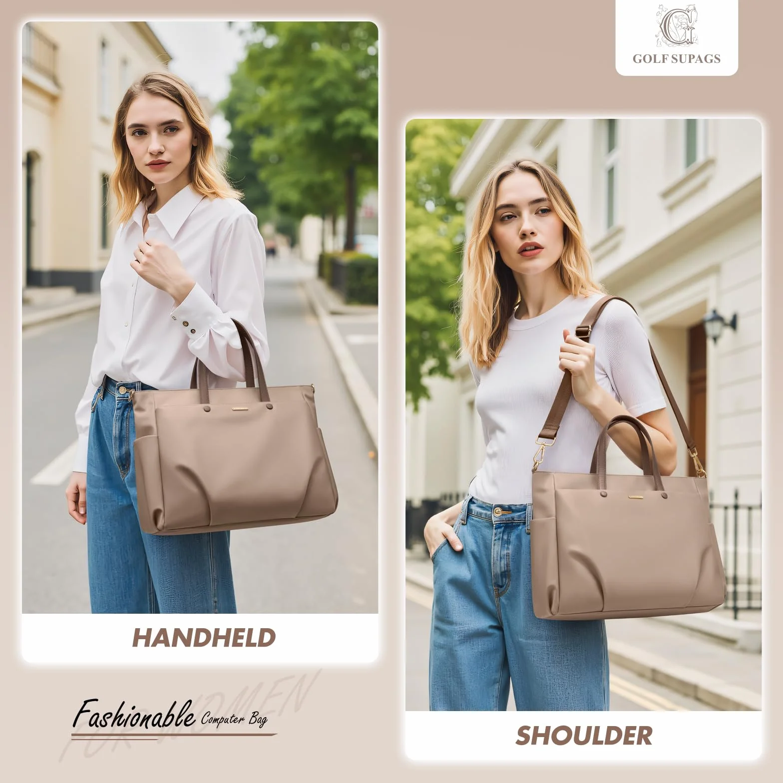 GOLF SUPAGS Borsa Tote per Laptop da 15 Pollici, Borsa a Tracolla per Computer Borsas da Lavoro Grande per Donna, Custodia per Laptop Borsas Elegante per Viaggi D'affari (Champagne)